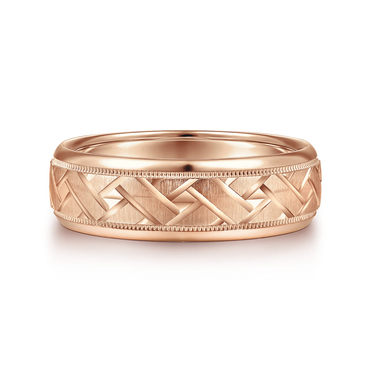 14K Rose Gold 7mm - Engraved Woven Mens Wedding Band in Satin Finish — Gabriel & Co. MBH0166-70K4JJJ