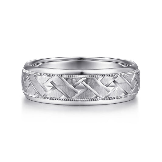 14K White Gold 7mm - Engraved Woven Mens Wedding Band in Satin Finish — Gabriel & Co. MBH0166-70W4JJJ