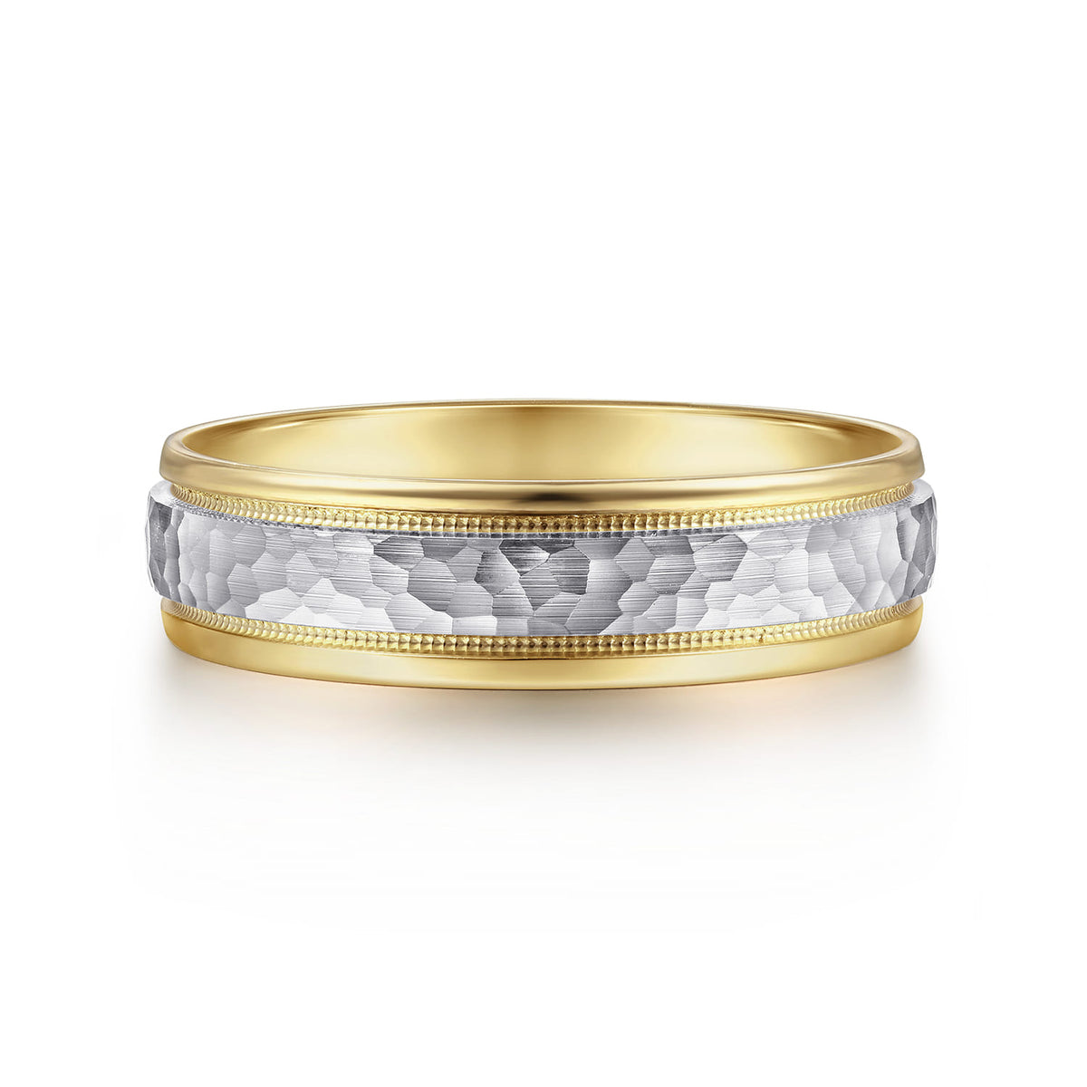 14K White-Yellow Gold 6mm - Two Tone Hammered Men's Wedding Band with Milgrain Edge — Gabriel & Co. MBM0176-60M4JJJ