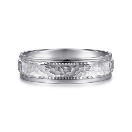 14K White Gold 6mm - Hammered Mens Wedding Band with Milgrain Edge — Gabriel & Co. MBM0176-60W4JJJ