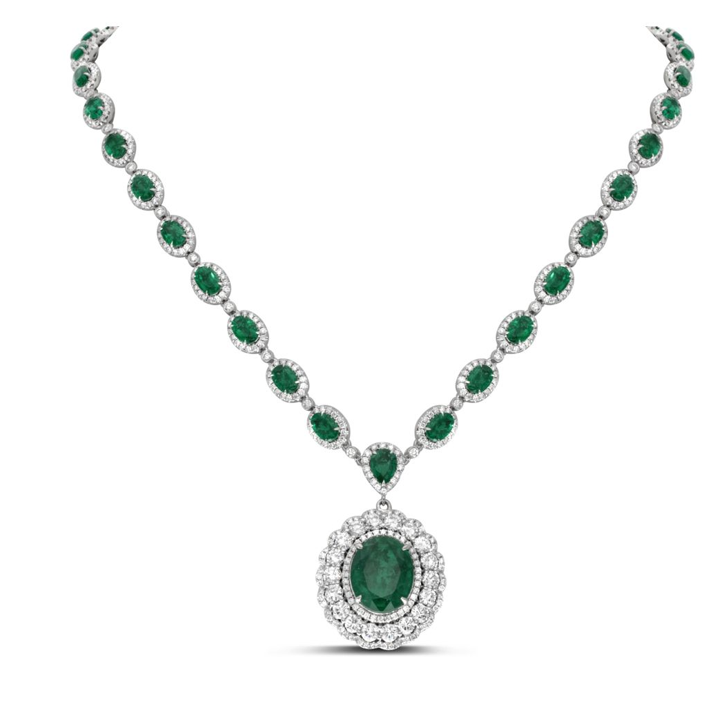 Oval Emerald Flowering Halo Drop Necklace — view 3