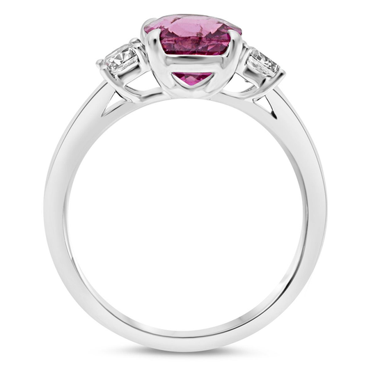Three Stone Ring With Pink Sapphire and Cushion Diamonds — view 2