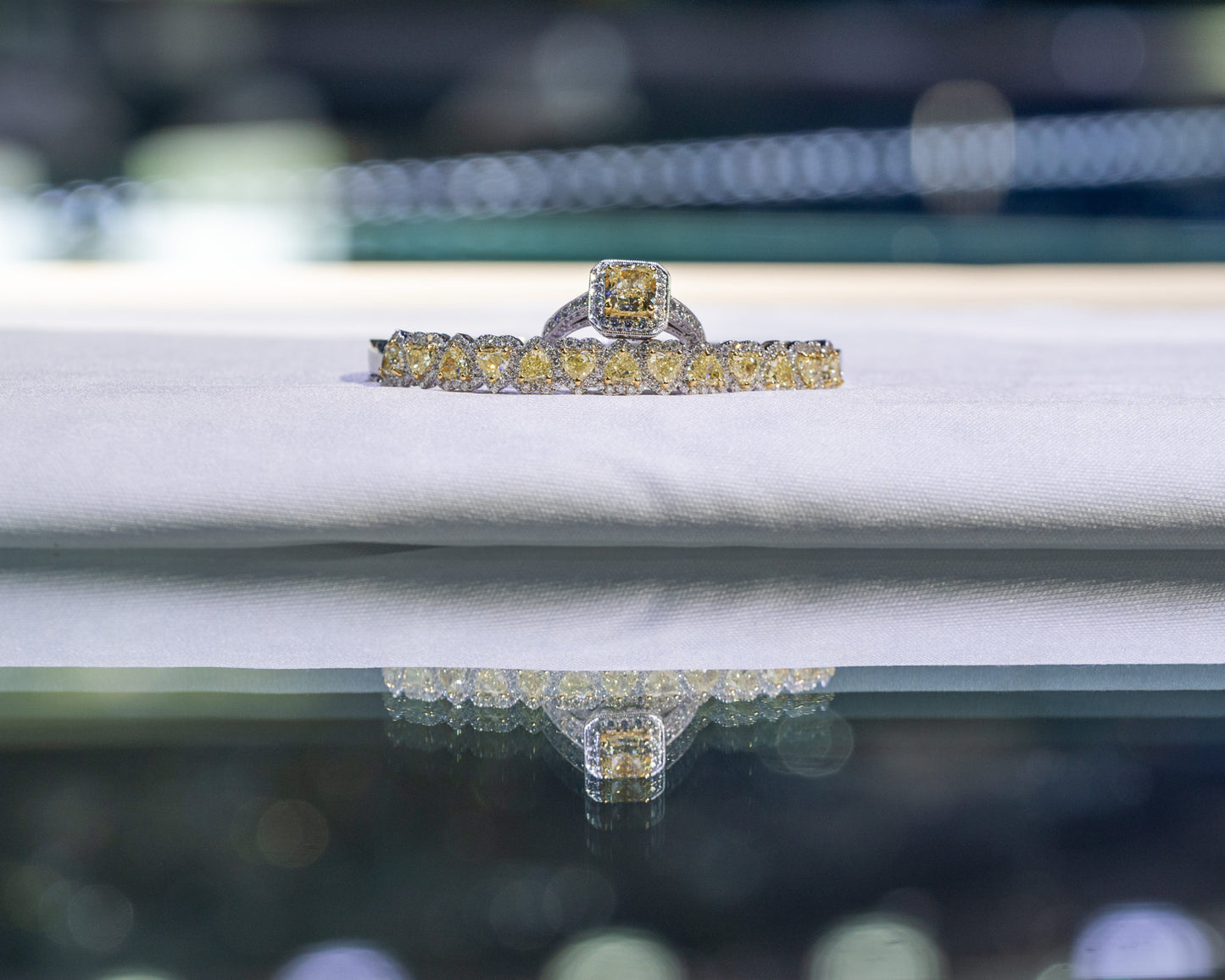 18k Yellow Gold and Platinum 1.74ct Natural Cushion Cut Fancy Yellow Diamond Halo Ring