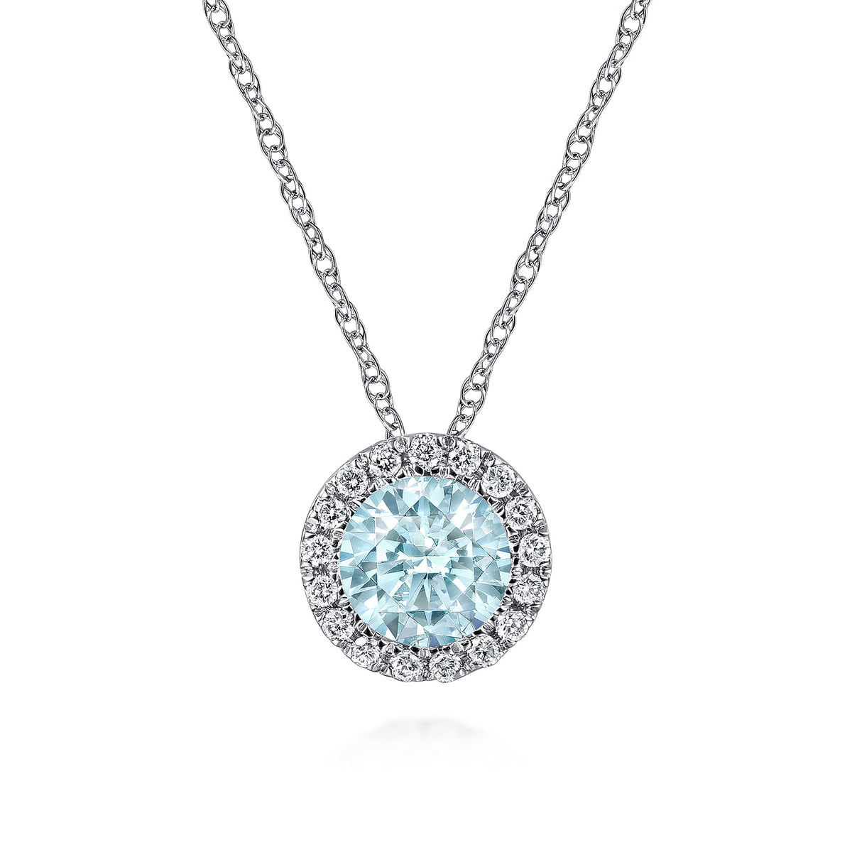 14K White Gold Aquamarine and Diamond Halo Pendant Necklace — Gabriel & Co. NK2824W45AQ
