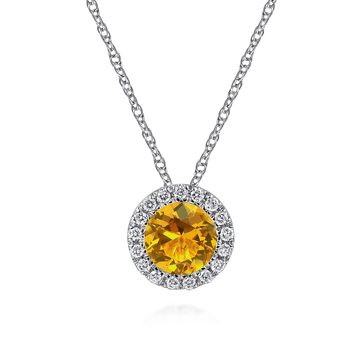 14K White Gold Round Citrine and Diamond Halo Pendant Necklace — Gabriel & Co. NK2824W45CT