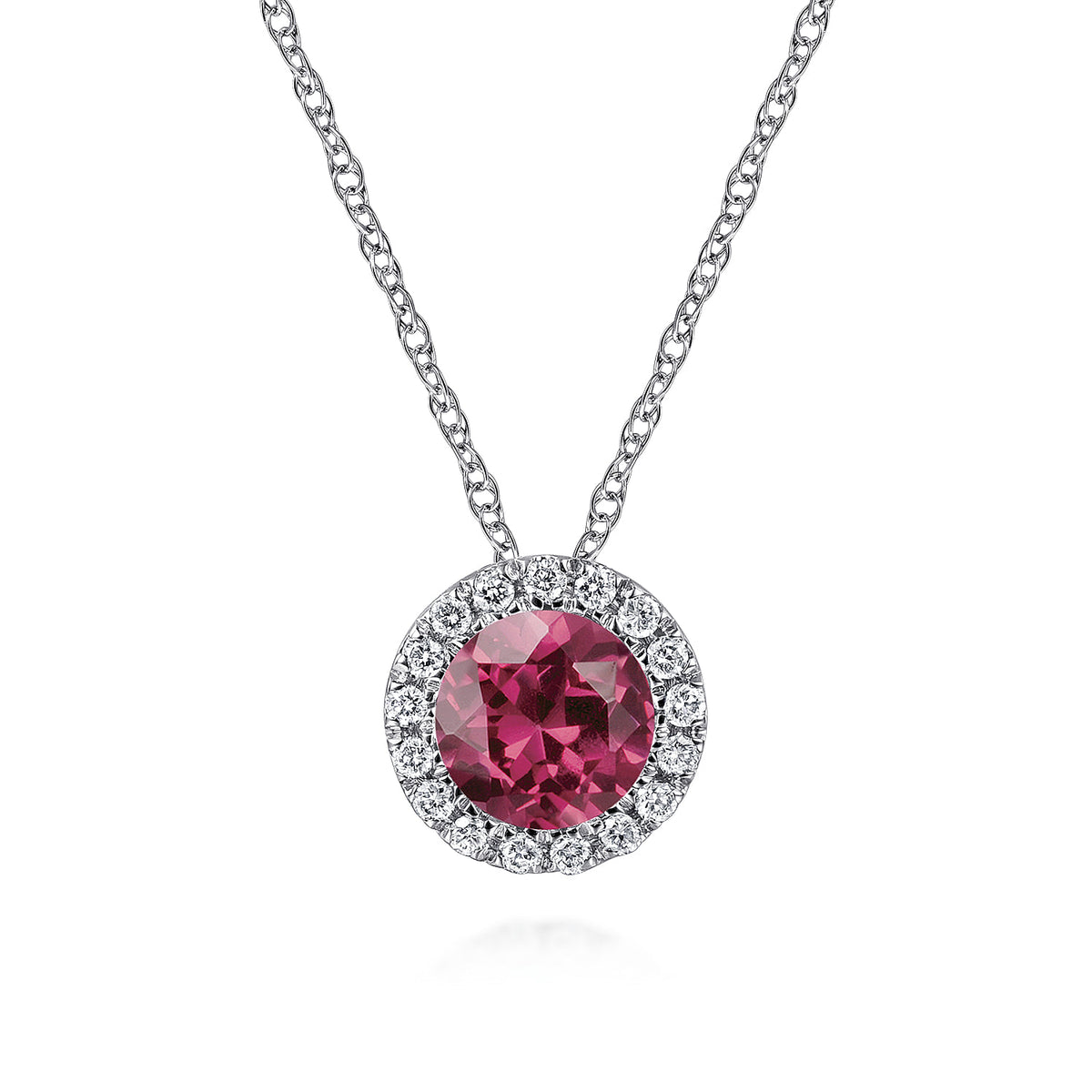 14k White Gold Diamond Halo & Pink Tourmaline Pendant Necklace — Gabriel & Co. NK2824W45PT