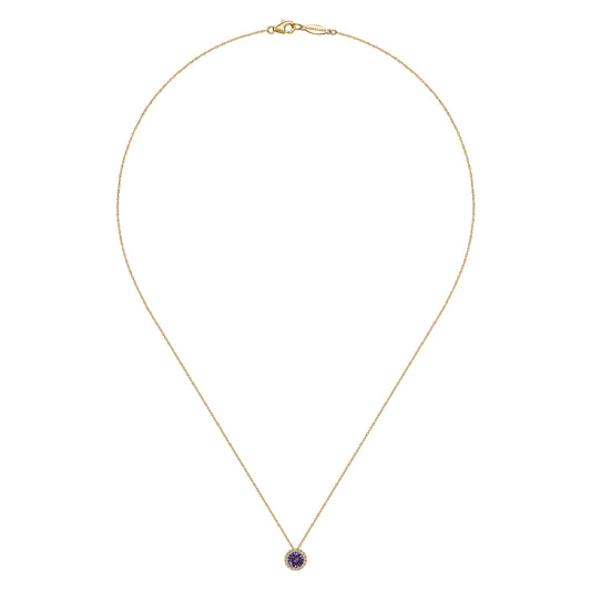 14K Yellow Gold Amethyst and Diamond Halo Pendant Necklace — Gabriel & Co. NK2824Y45AM
