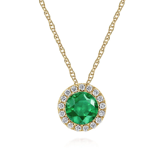 14K Yellow Gold Emerald and Diamond Halo Pendant Necklace — Gabriel & Co. NK2824Y45EA