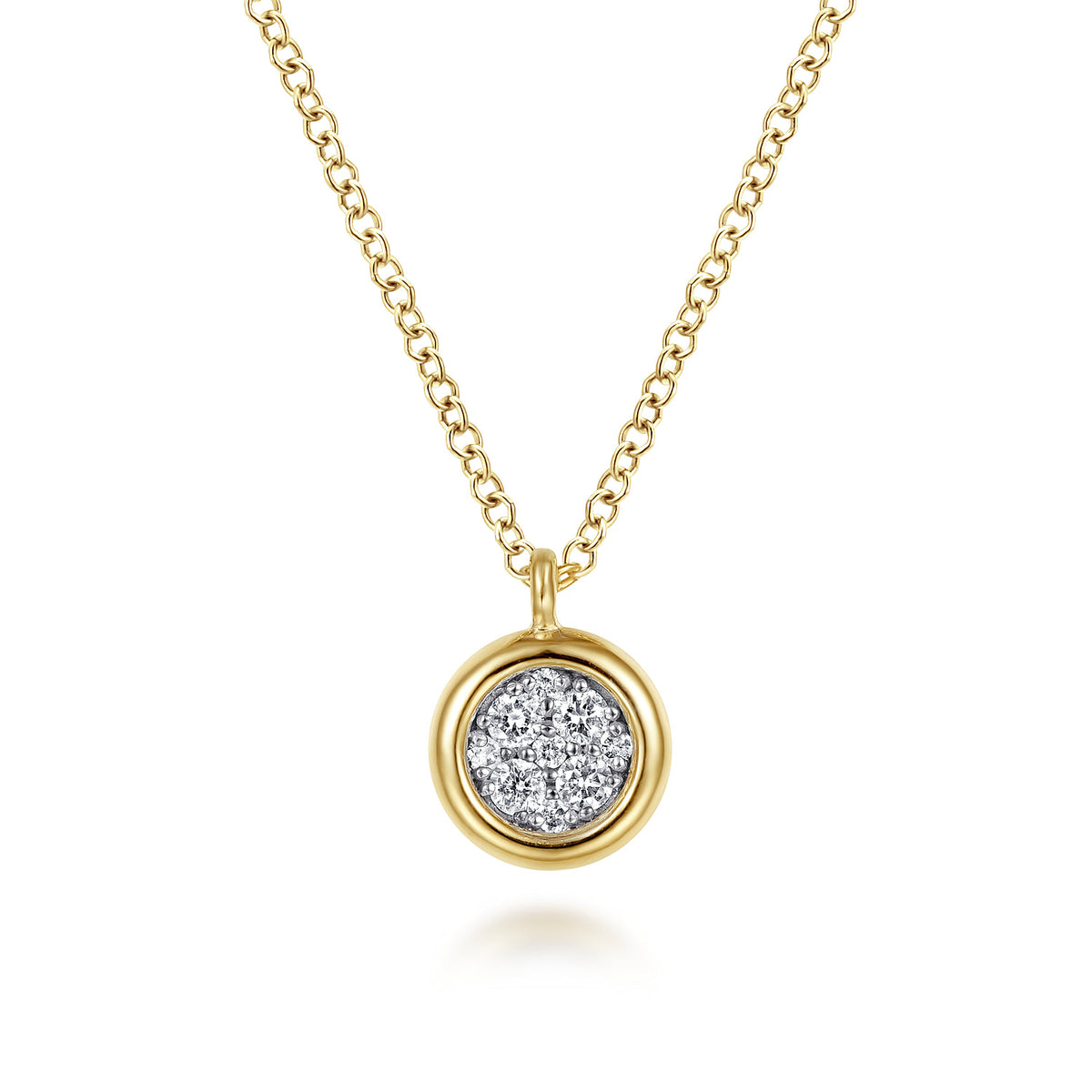 14K Yellow-White Gold Round Pavé Diamond Cluster Pendant Necklace with Bezel Frame — Gabriel & Co. NK6497M45JJ