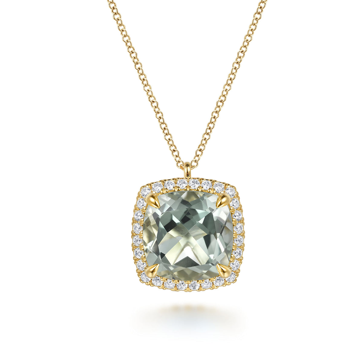 14K Yellow Gold Diamond and Green Amethyst Cushion Cut Necklace with Flower Pattern J-Back — Gabriel & Co. NK7463Y45GA