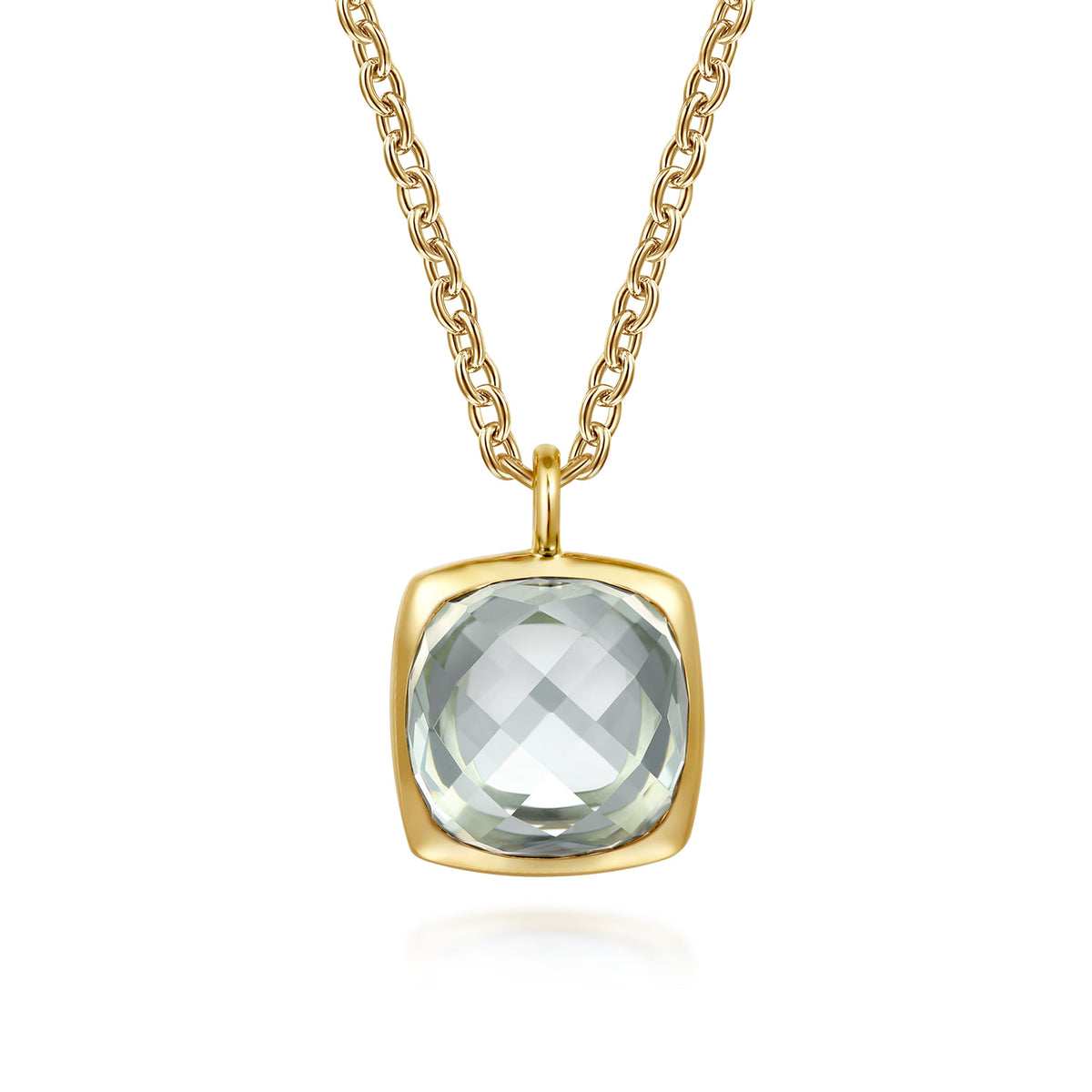 14K Yellow Gold Cushion Cut Green Amethyst Necklace with Flower Pattern J-Back and Bezel Setting — Gabriel & Co. NK7469Y4JGA