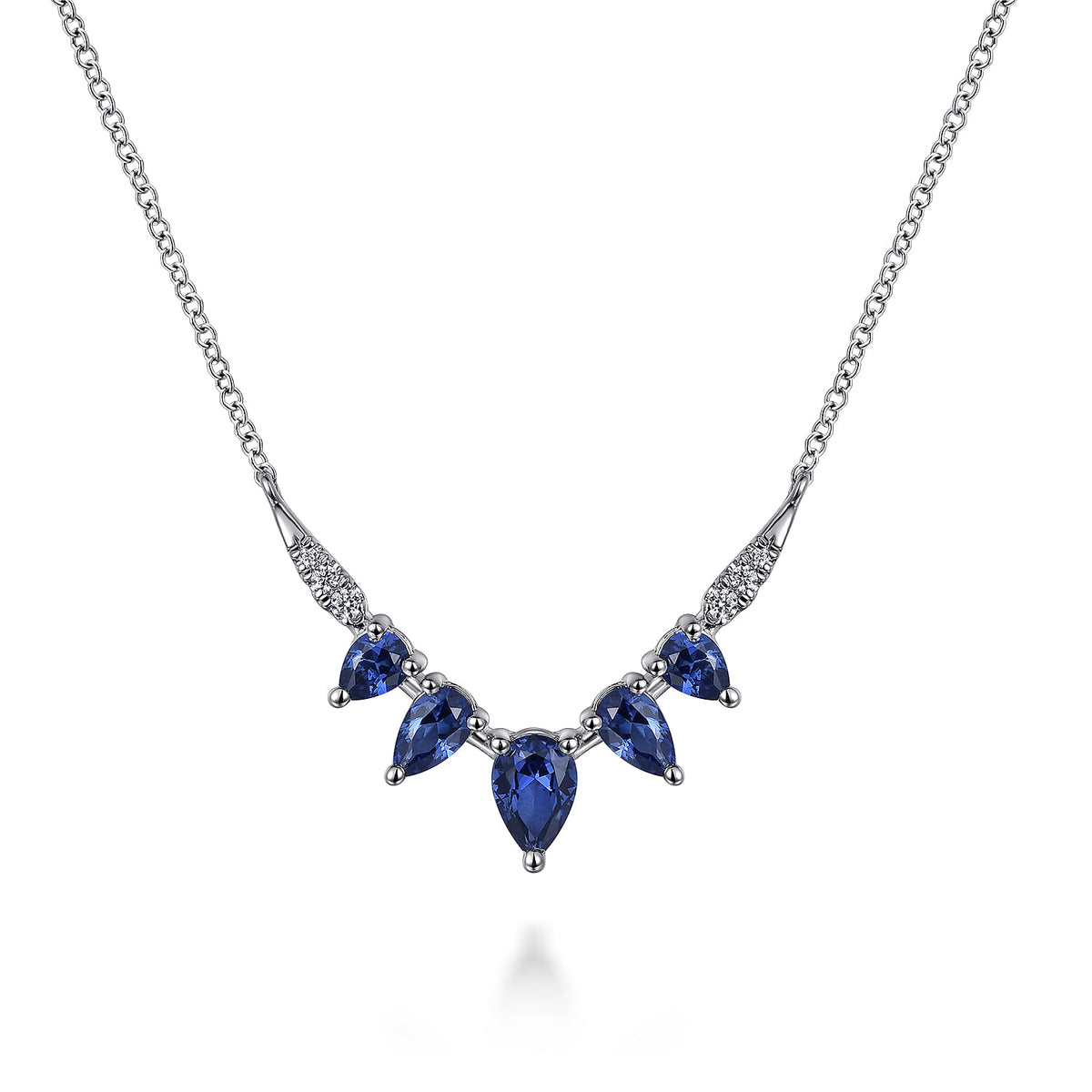 14K White Gold Diamond and Pear Blue Sapphire Chevron Bar Necklace — Gabriel & Co. NK7739W45SA