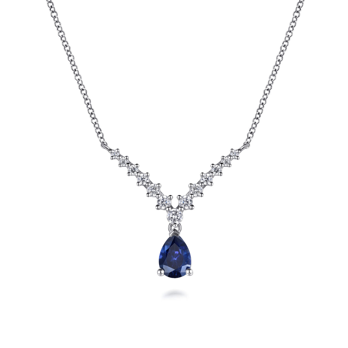 14K White Gold Diamond and Pear Sapphire Chervon Necklace — Gabriel & Co. NK7864W45SA