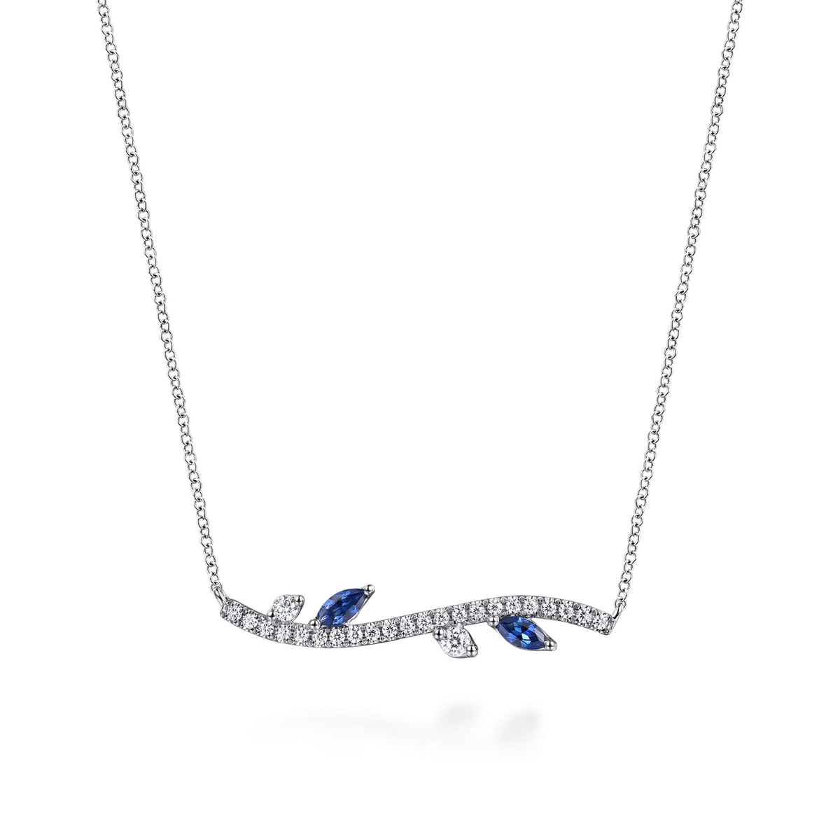 14K White Gold Diamond and Sapphire Floral Bar Necklace — Gabriel & Co. NK7937W45SA