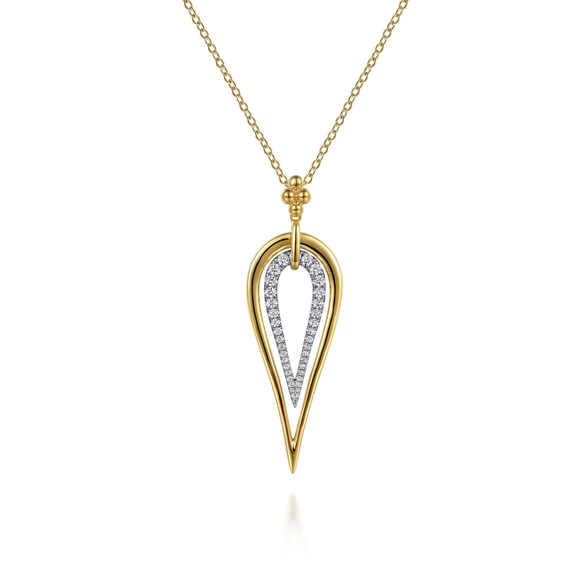 14K White & Yellow Gold Bujukan and Graduating Diamond Pear Shape Pendant Drop Necklace — Gabriel & Co. NK7972M45JJ