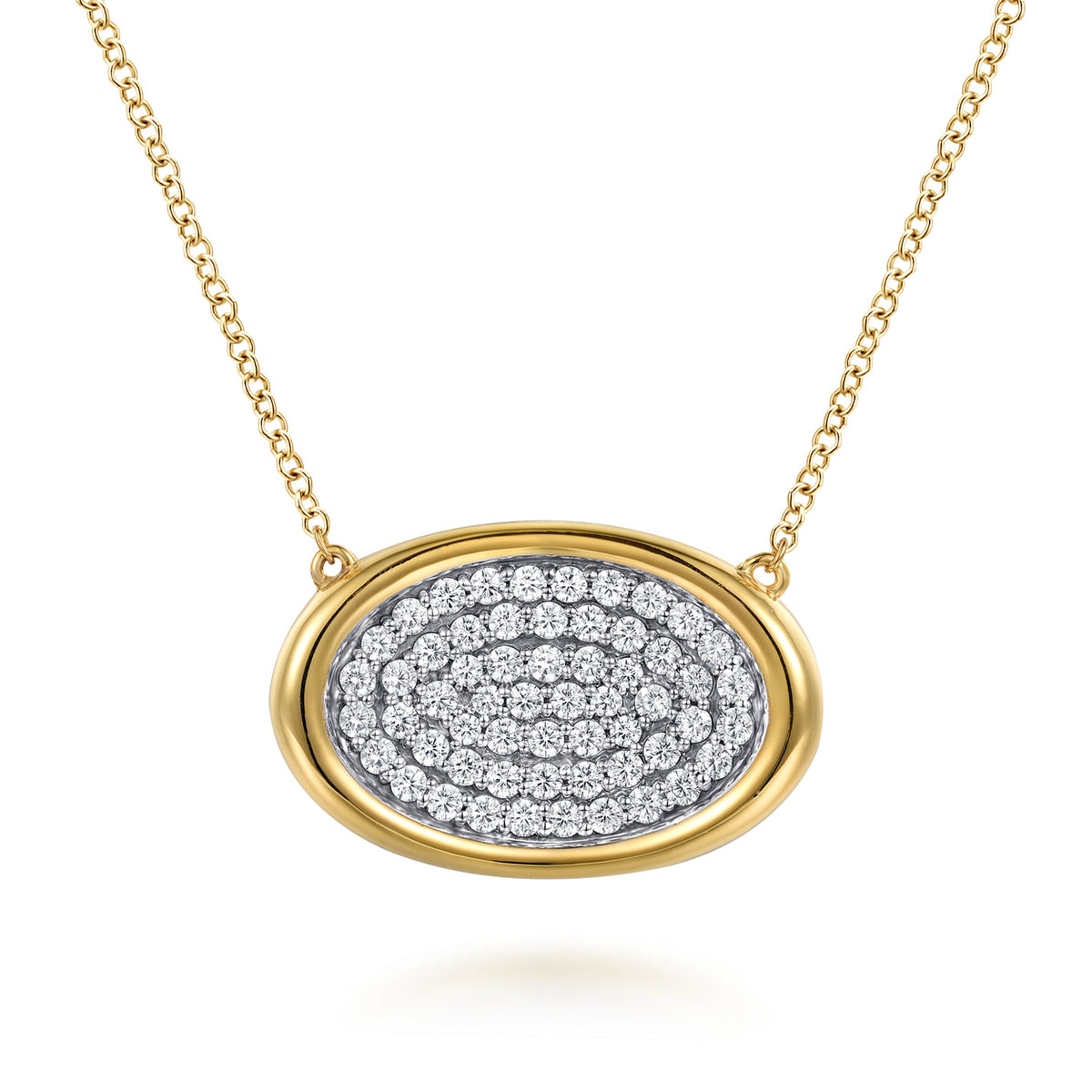 14K White & Yellow Gold Pave Diamond Horizontal Oval Pendant Necklace — Gabriel & Co. NK8022M45JJ