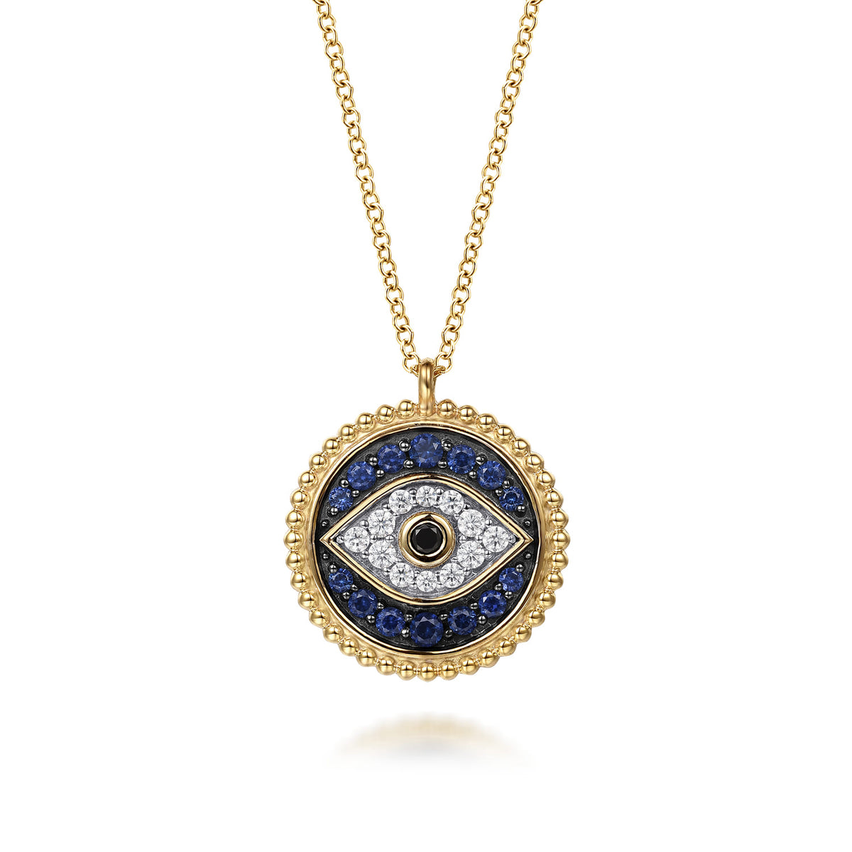 14K Yellow Gold Bujukan Diamond Blue Sapphire and Black Spinel Evil Eye Pendant Necklace — Gabriel & Co. NK8093Y45MC