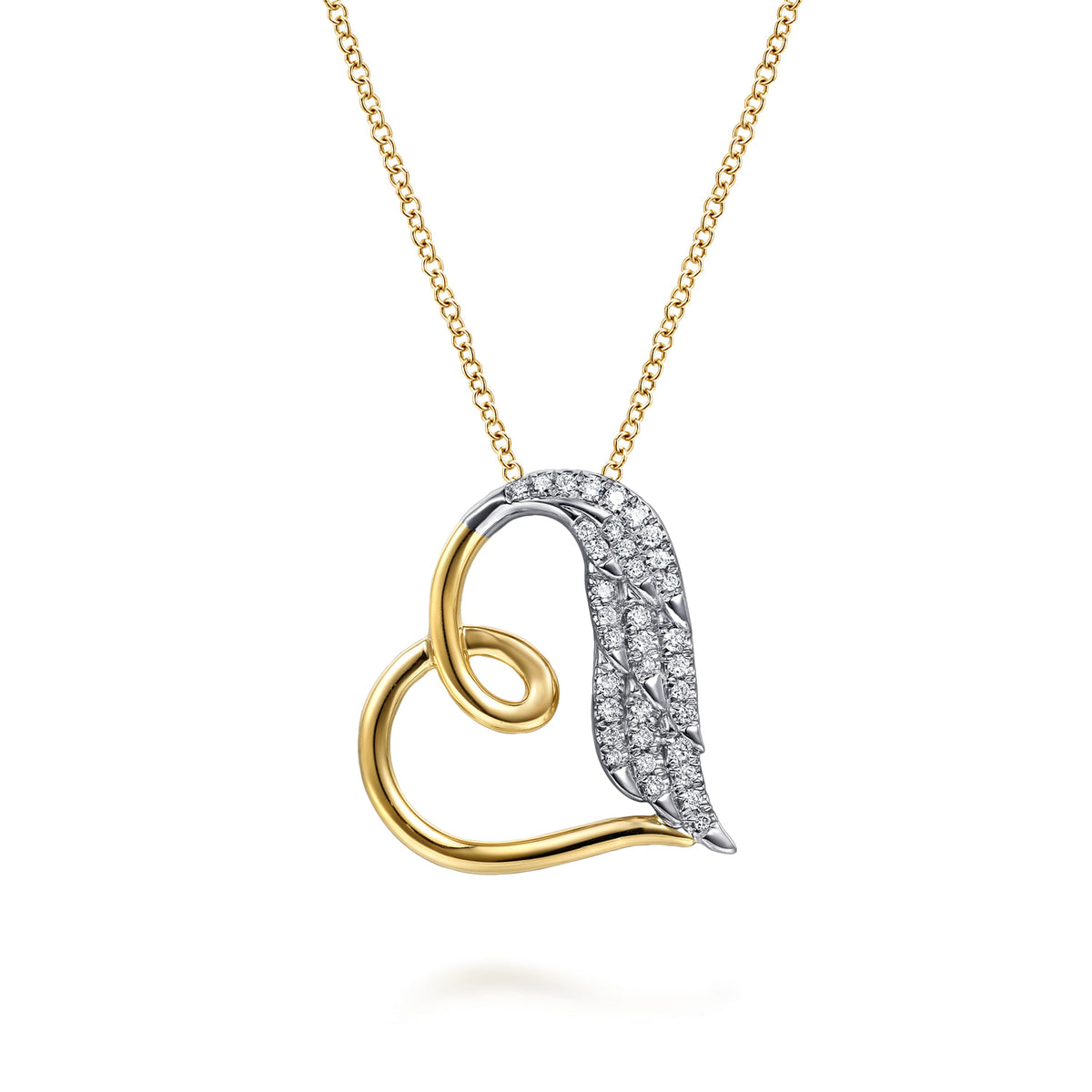 14K White & Yellow Gold Diamond Heart Angel Wing Pendant Necklace — Gabriel & Co. NK8127M45JJ