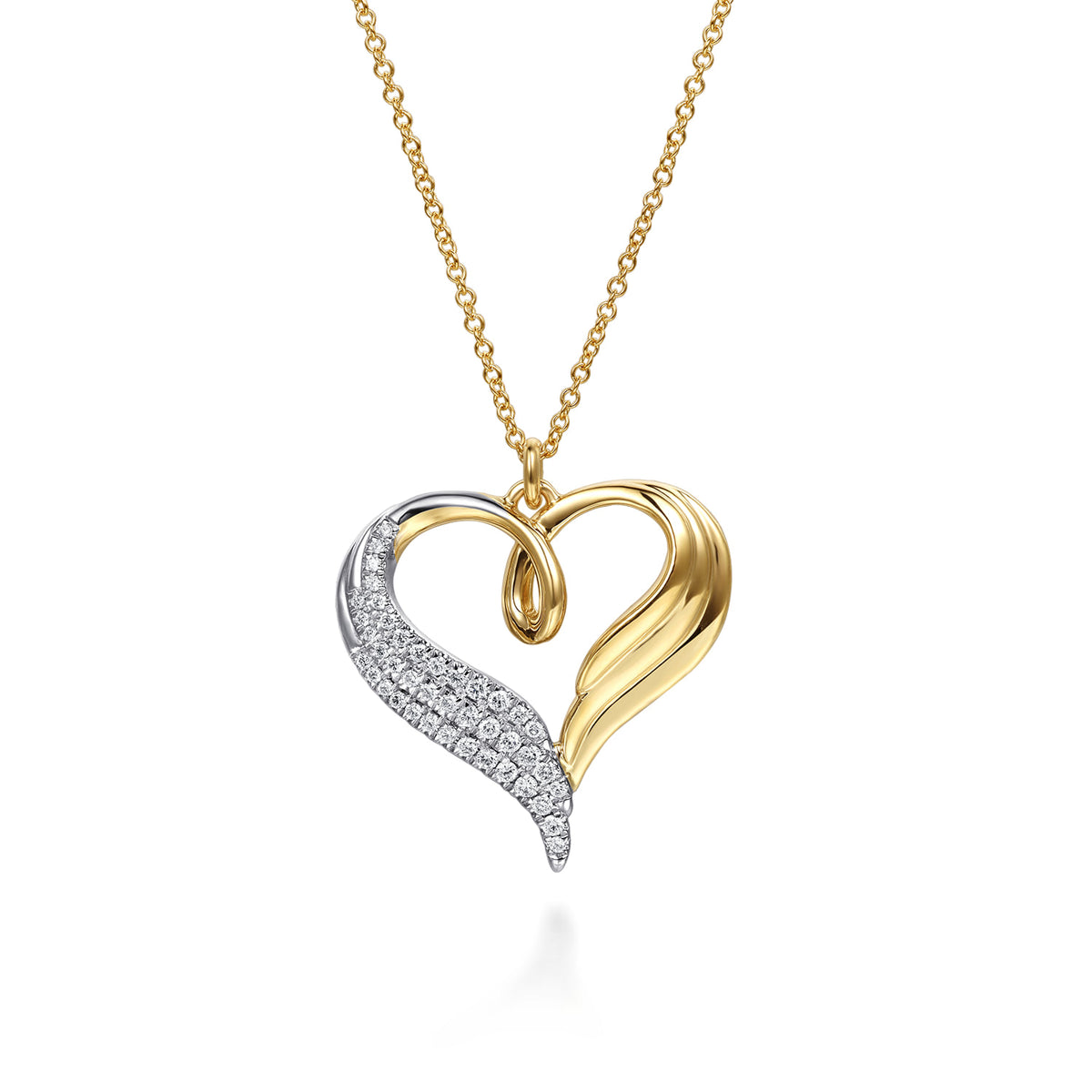 14K White & Yellow Gold Diamond Heart Angel Wing Pendant Necklace — Gabriel & Co. NK8128M45JJ