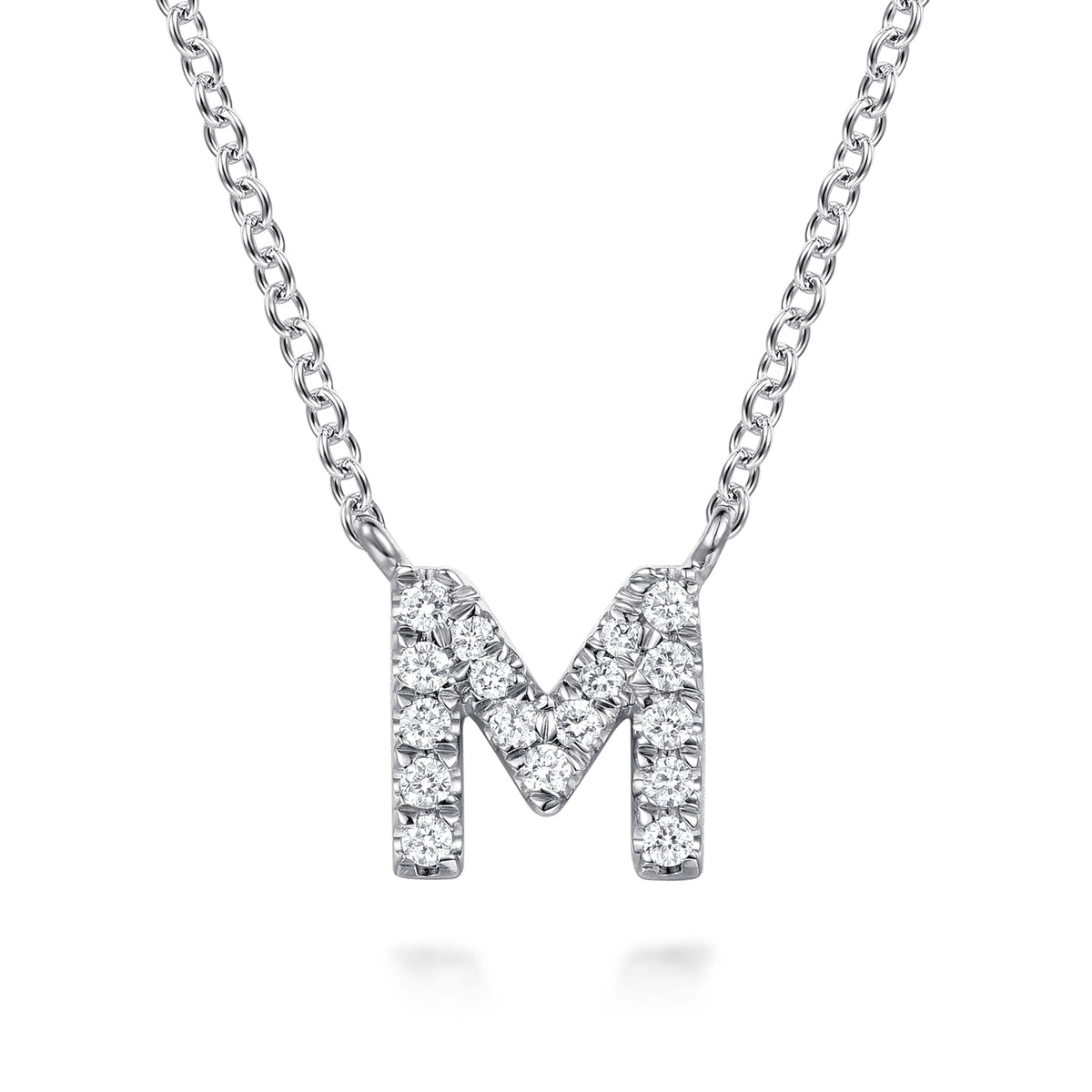 14K White Gold Diamond M Initial Pendant Necklace — Gabriel & Co. NK8132M-W45JJ