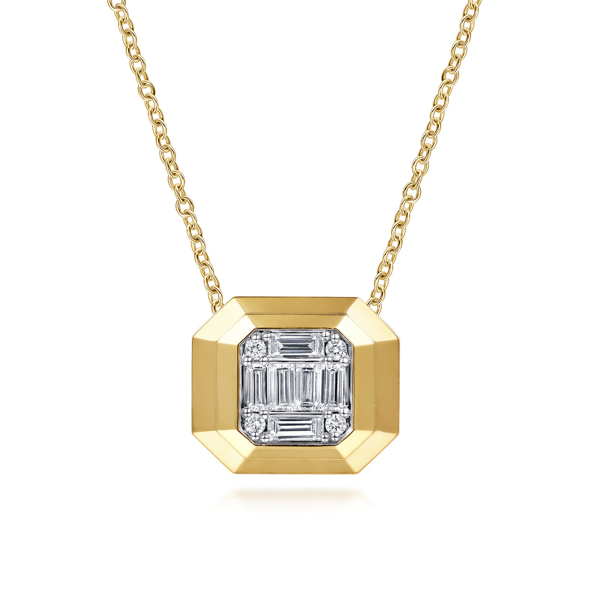 14K Yellow Gold Geometric Baguette and Round Diamond Pendant Necklace — Gabriel & Co. NK8234Y44JJ