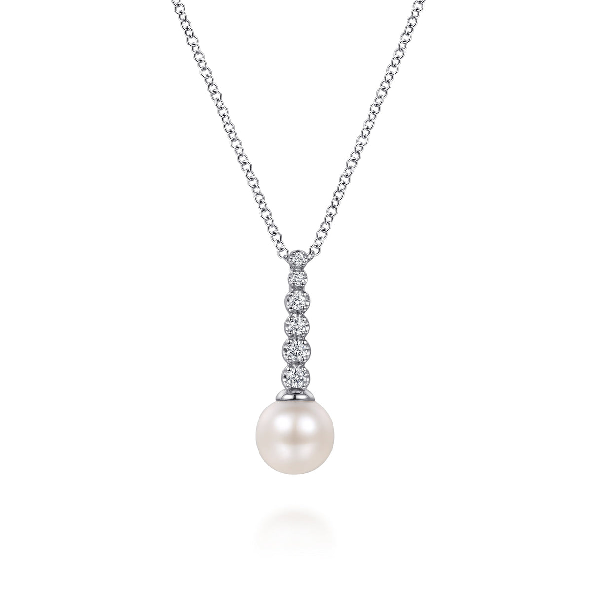 14K White Gold Graduating Diamond and Pearl Drop Necklace — Gabriel & Co. NK8304W45PL