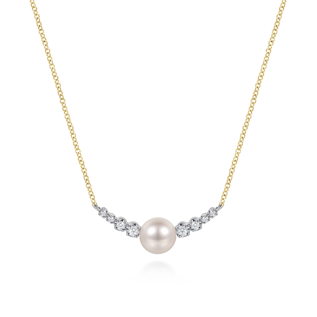 14K White and Yellow Gold Graduating Diamond and Pearl Bar Necklace — Gabriel & Co. NK8305M45PL