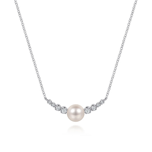 14K White Gold Graduating Diamond and Pearl Bar Necklace — Gabriel & Co. NK8305W45PL
