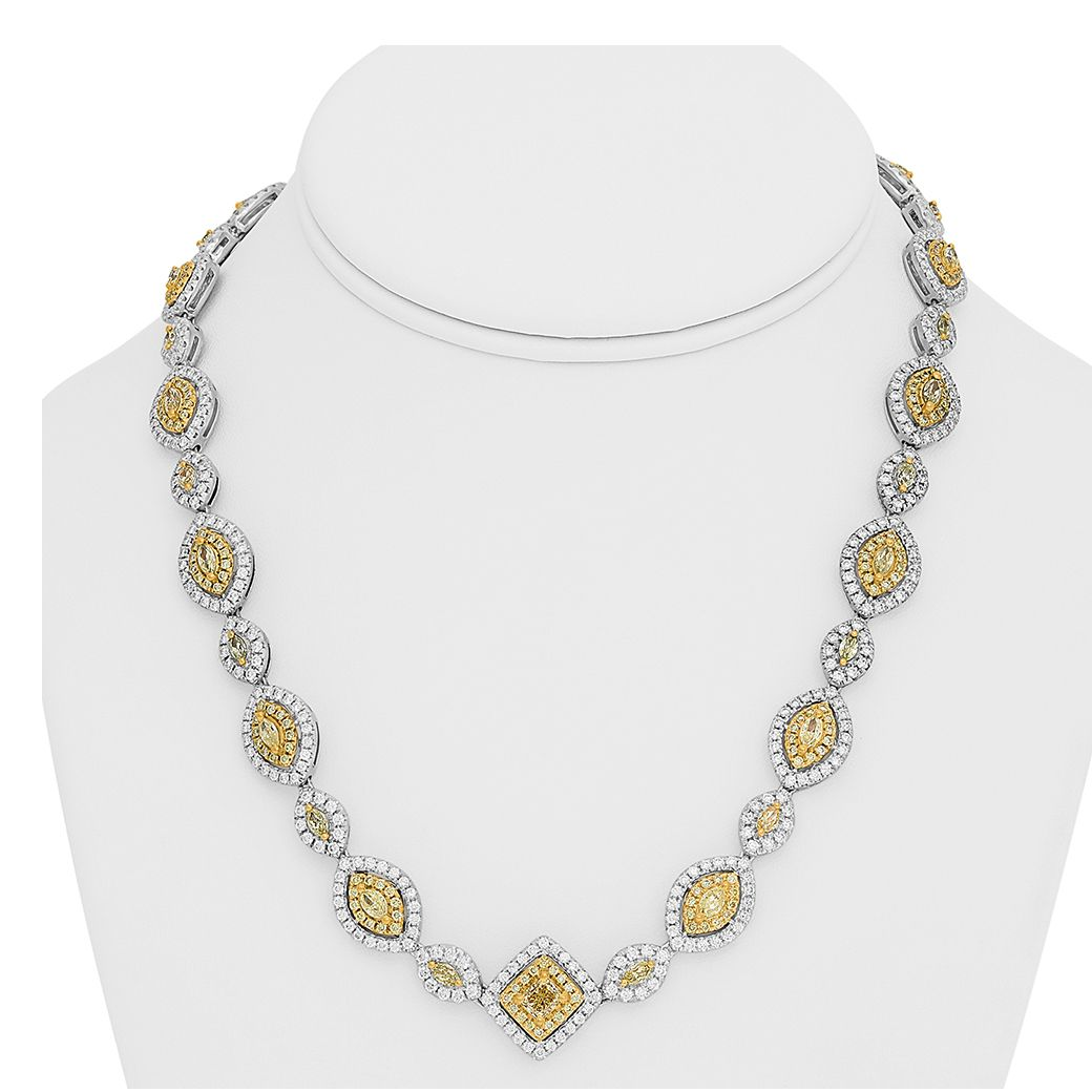 Two Tone Double Halo Yellow Diamond Necklace — view 3