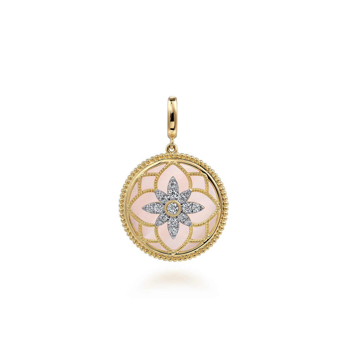 14K Yellow Gold Bujukan Diamond and Pink Mother of Pearl Medallion Pendant in size 24mm with Detachable Bail — Gabriel & Co. PT6614Y45PM