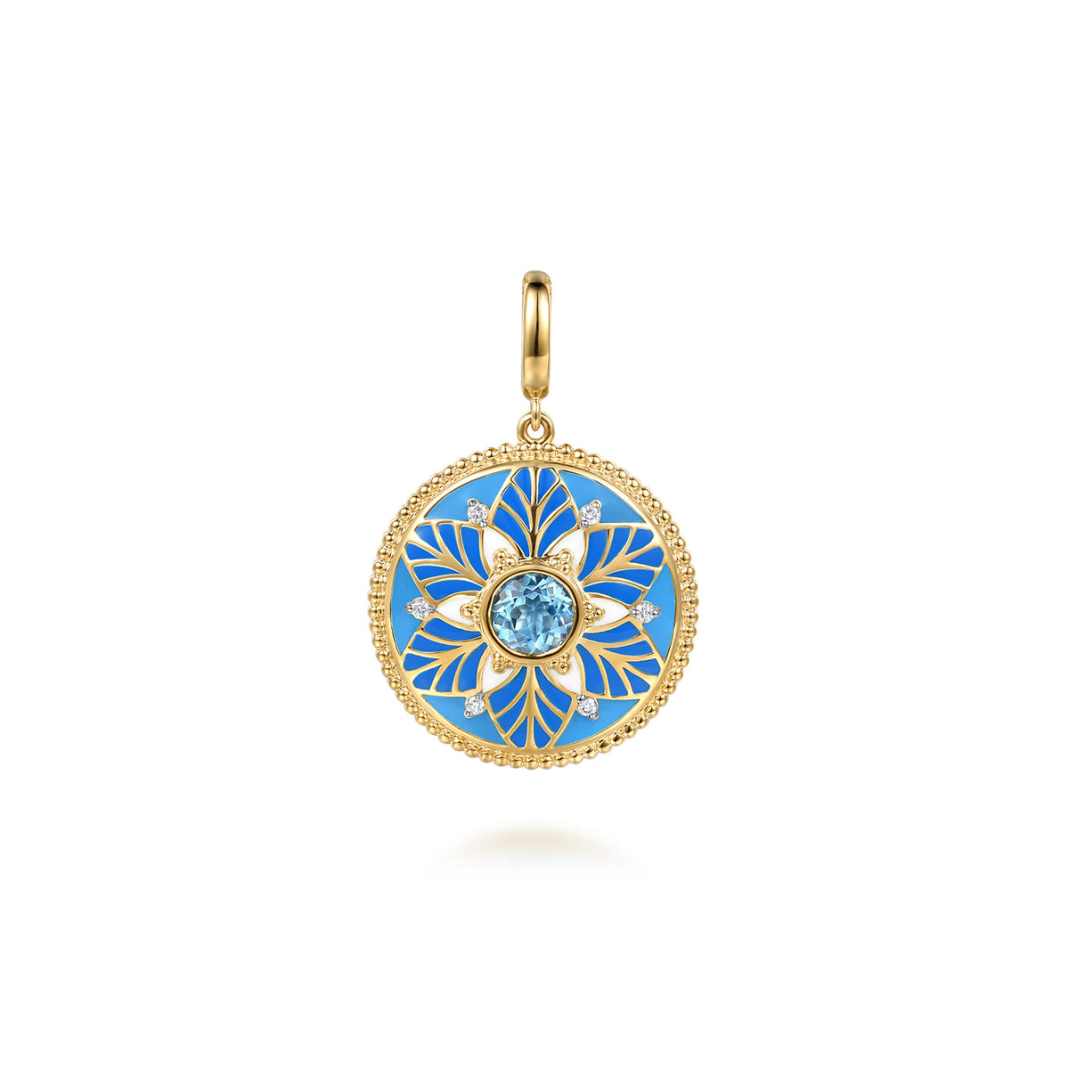 14K Yellow Gold Bujukan Diamond and Blue Topaz Medallion with Blue and Dust Blue and White Enamel — Gabriel & Co. PT7658EMY45BT