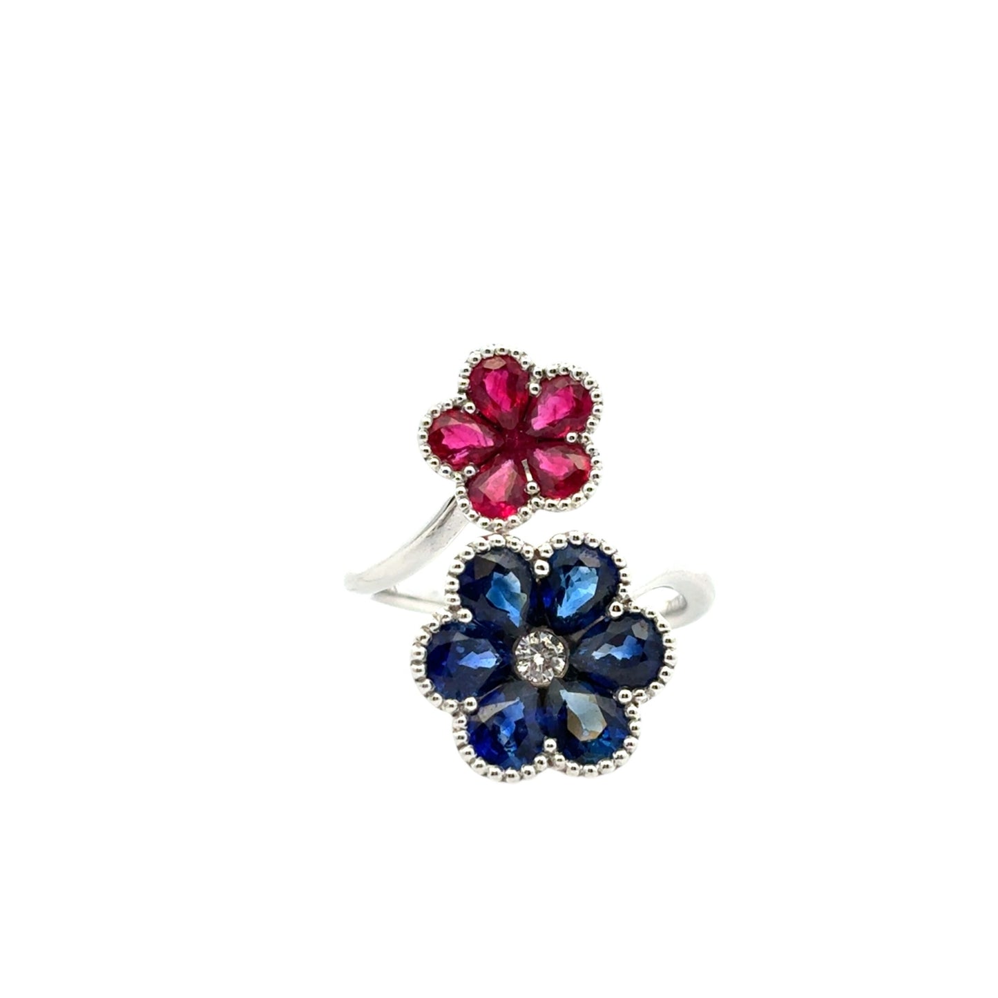 18k White Gold Multi-Stone Sapphire and Ruby Diamond Double Flower Ladies Ring