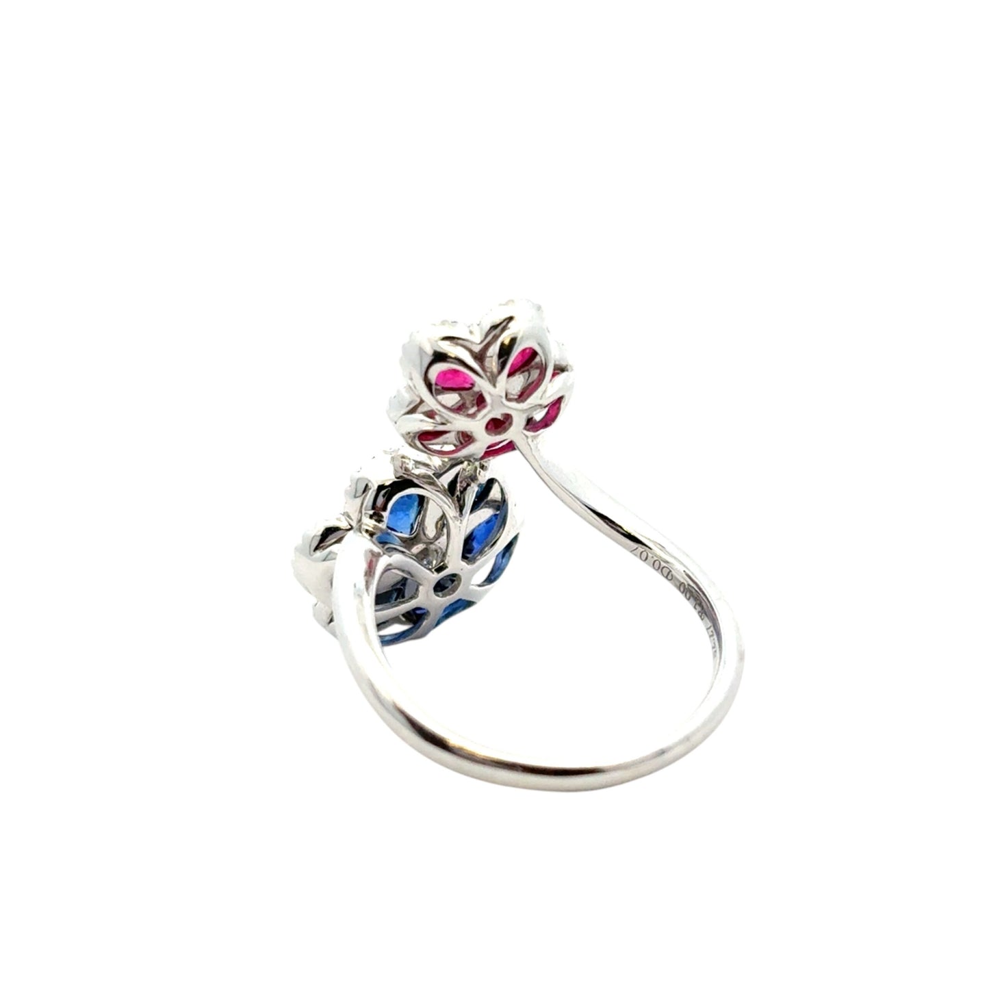 18k White Gold Multi-Stone Sapphire and Ruby Diamond Double Flower Ladies Ring