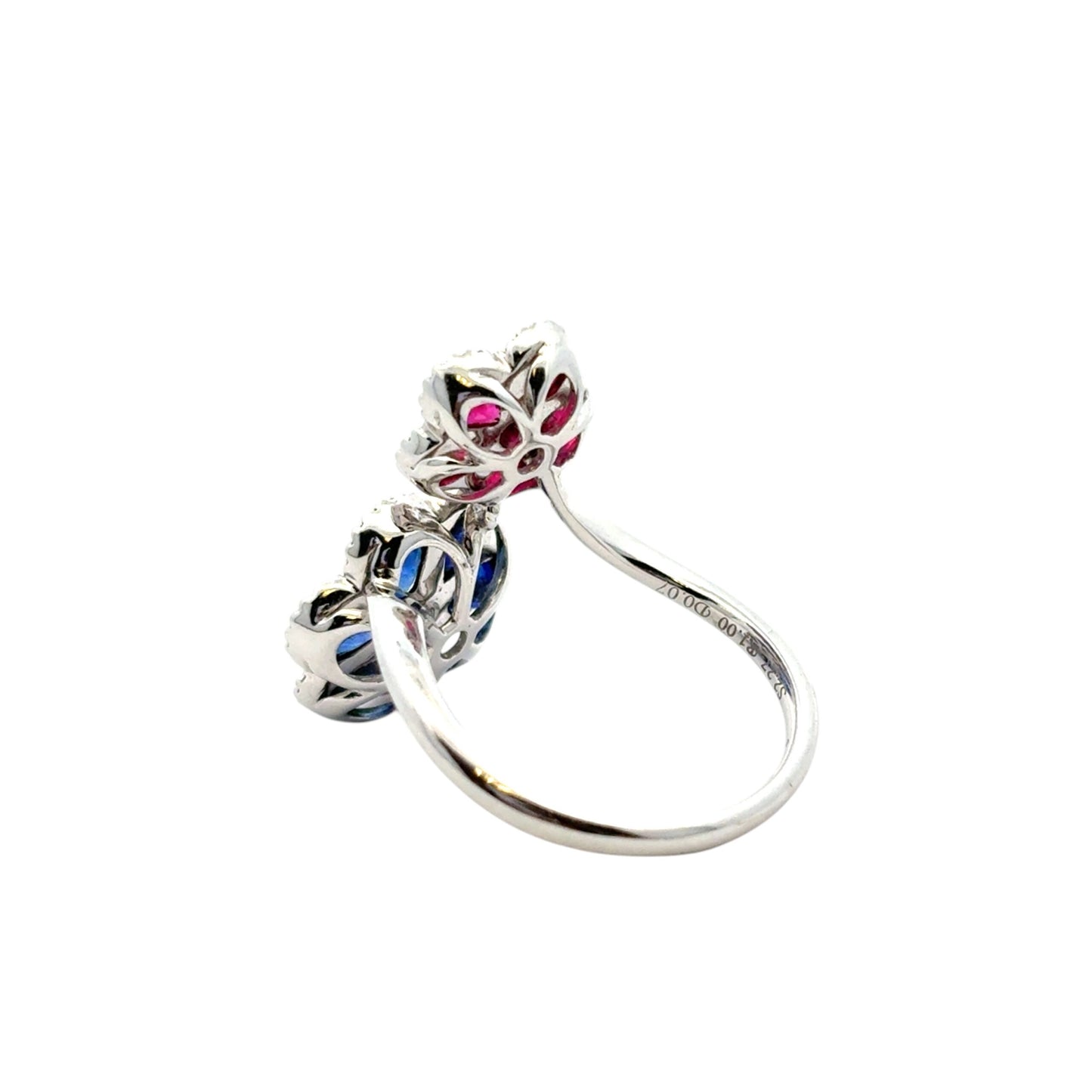 18k White Gold Multi-Stone Sapphire and Ruby Diamond Double Flower Ladies Ring