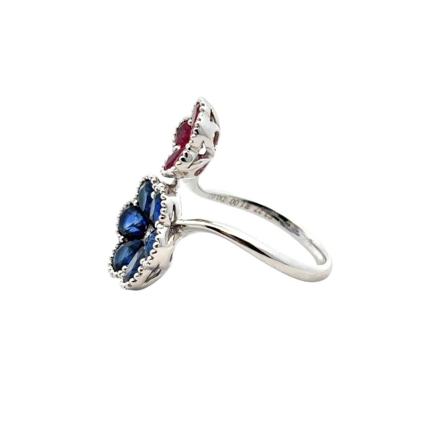 18k White Gold Multi-Stone Sapphire and Ruby Diamond Double Flower Ladies Ring
