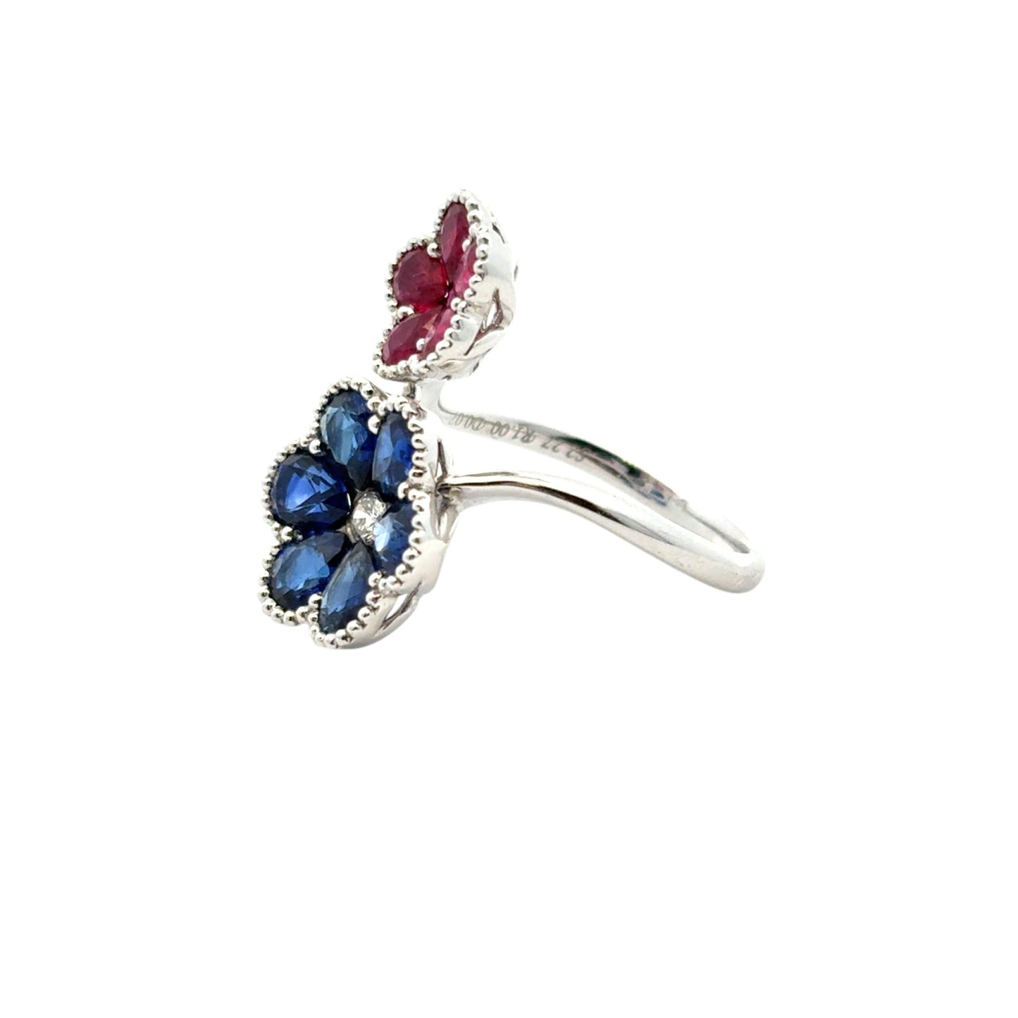 18k White Gold Multi-Stone Sapphire and Ruby Diamond Double Flower Ladies Ring