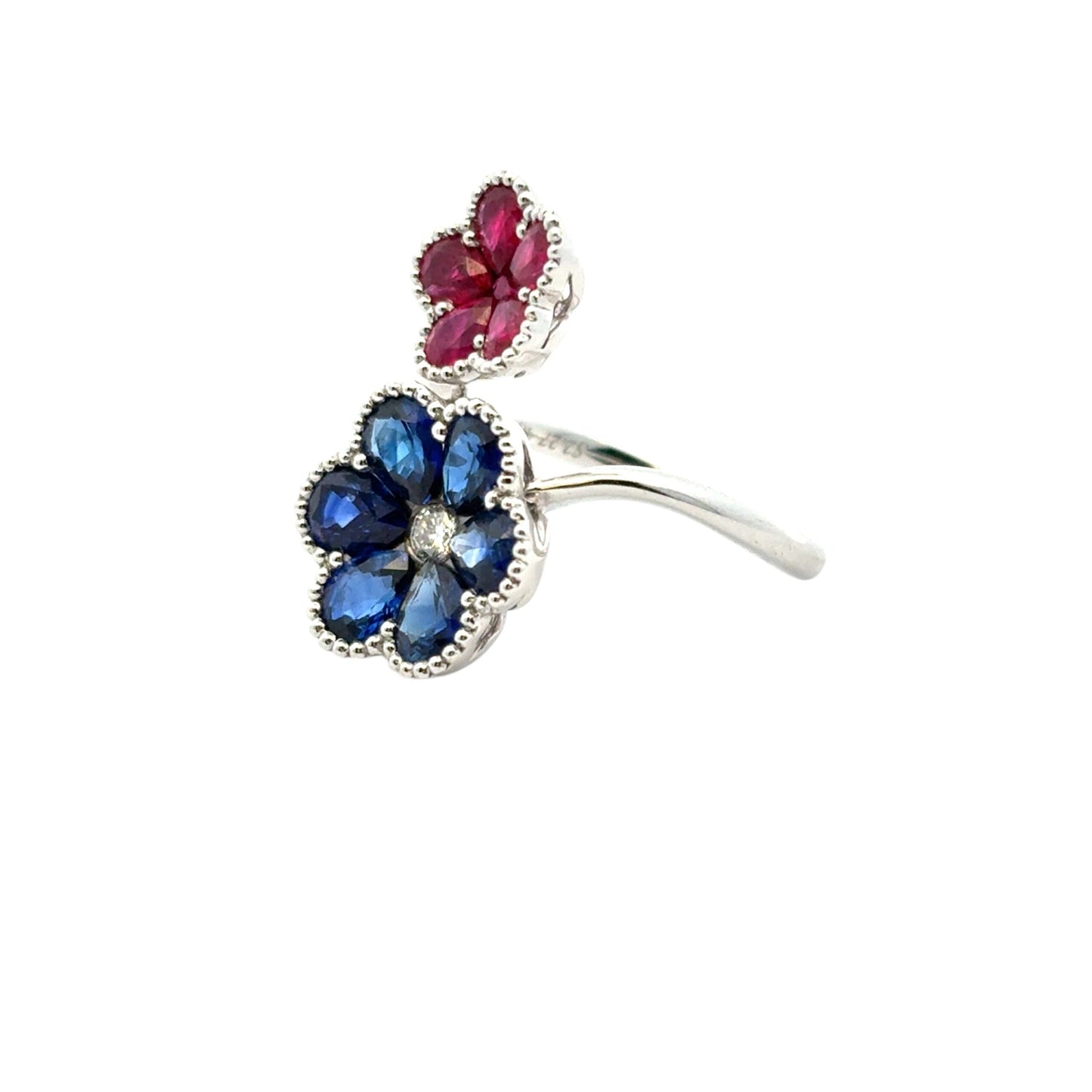 18k White Gold Multi-Stone Sapphire and Ruby Diamond Double Flower Ladies Ring