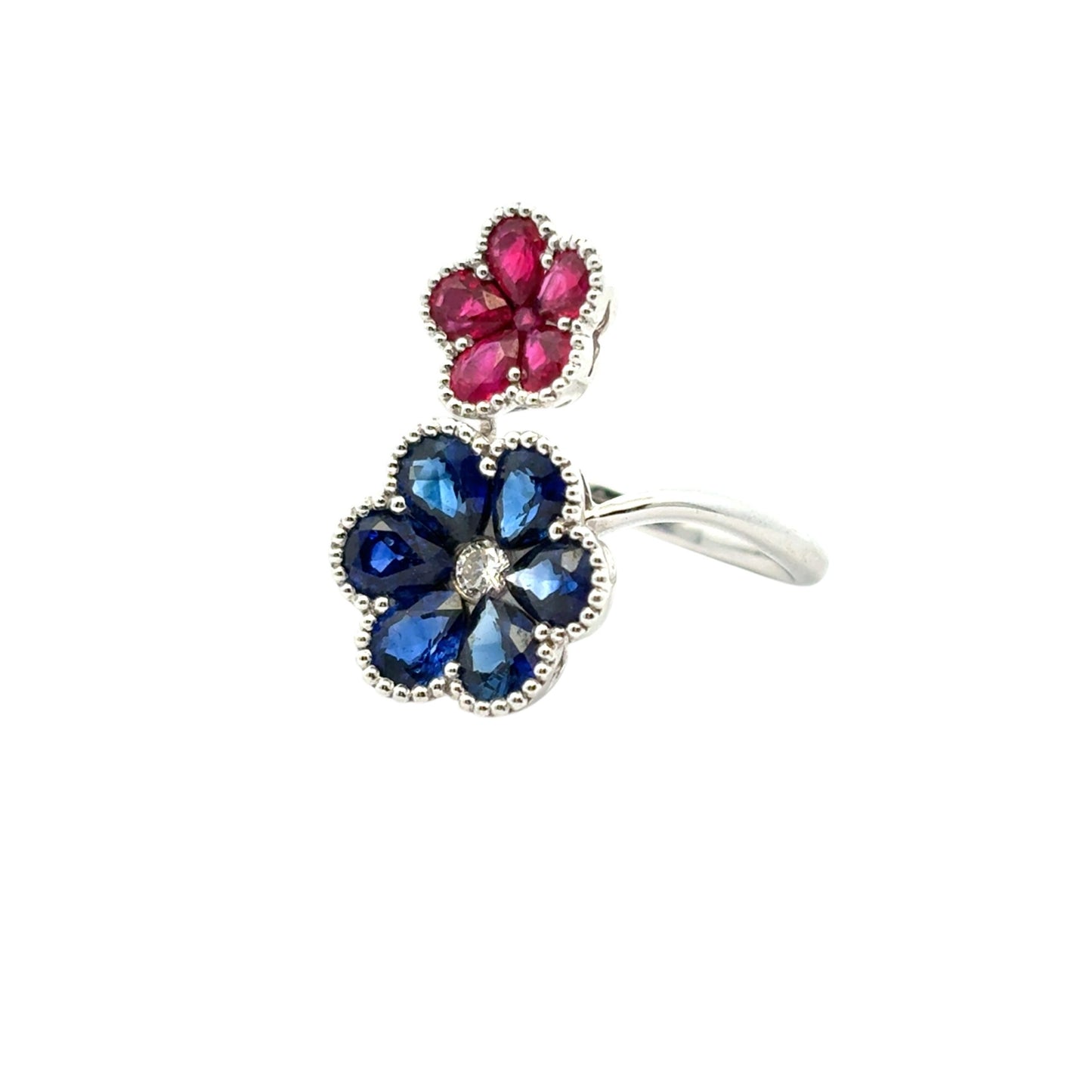 18k White Gold Multi-Stone Sapphire and Ruby Diamond Double Flower Ladies Ring