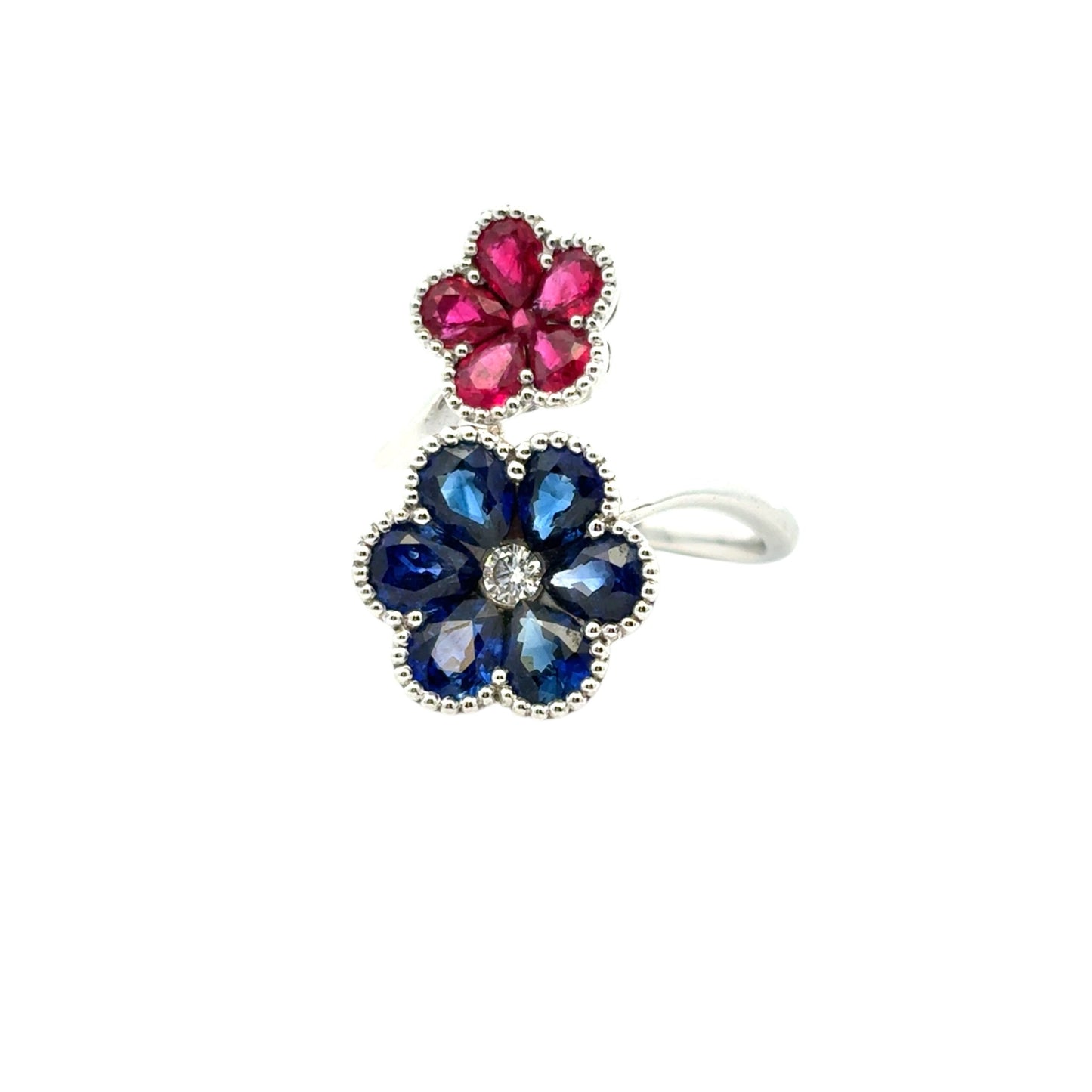 18k White Gold Multi-Stone Sapphire and Ruby Diamond Double Flower Ladies Ring