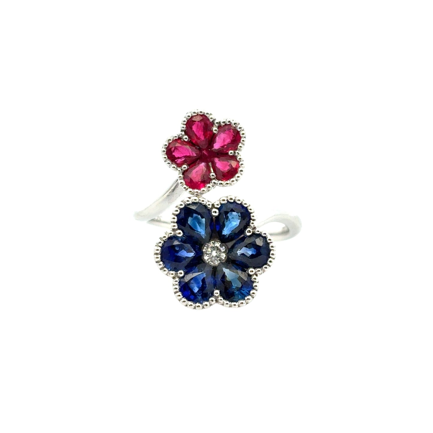 18k White Gold Multi-Stone Sapphire and Ruby Diamond Double Flower Ladies Ring