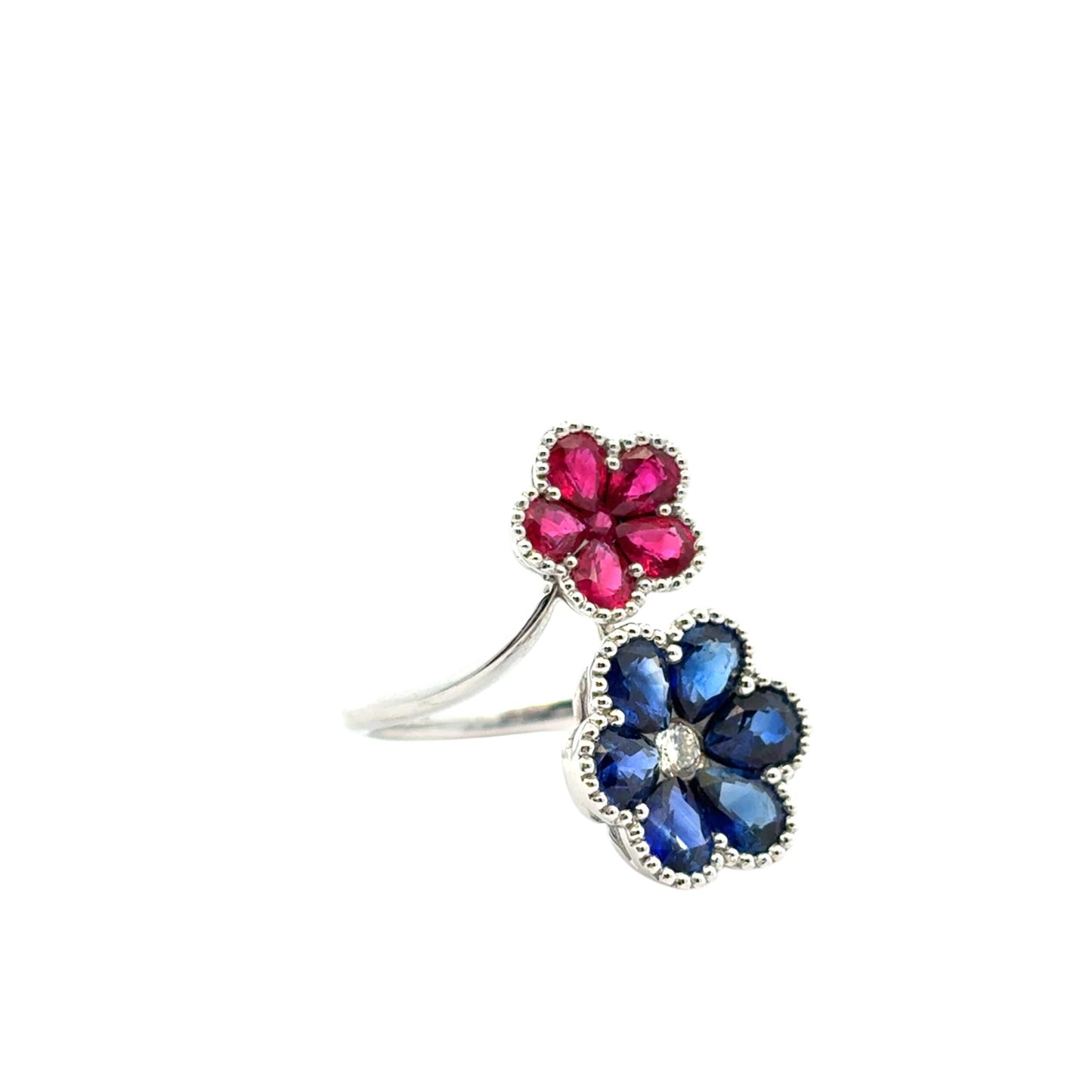 18k White Gold Multi-Stone Sapphire and Ruby Diamond Double Flower Ladies Ring