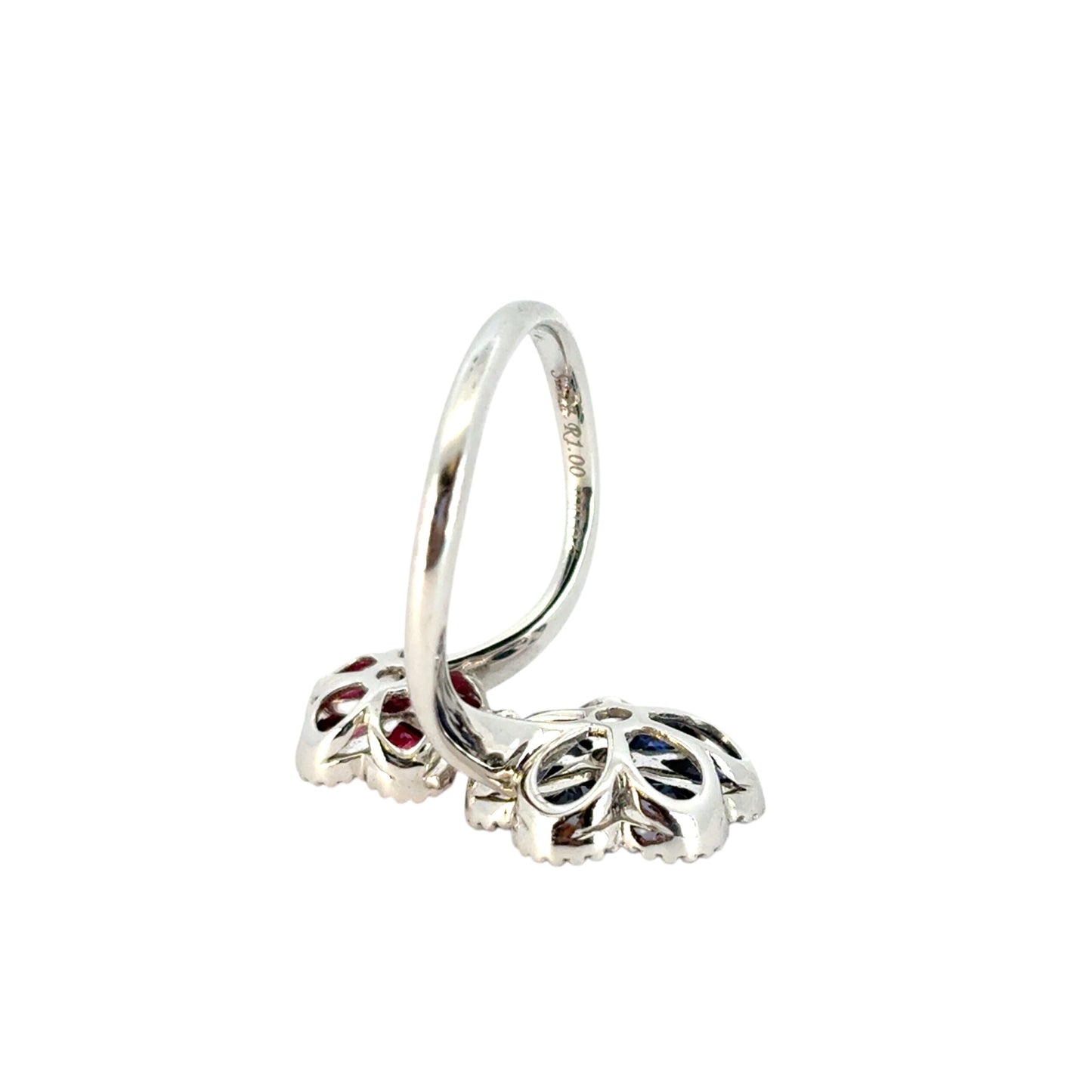 18k White Gold Multi-Stone Sapphire and Ruby Diamond Double Flower Ladies Ring