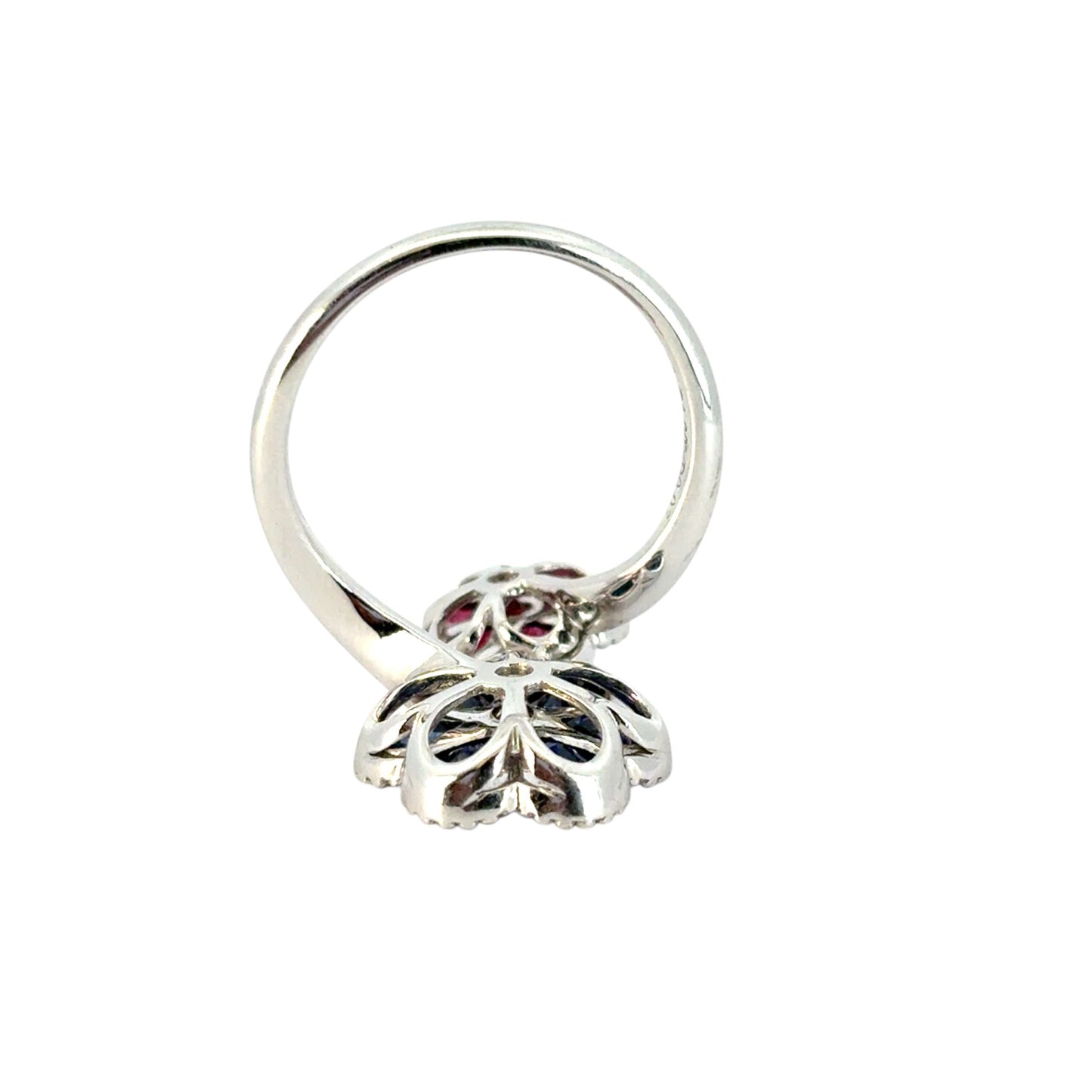 18k White Gold Multi-Stone Sapphire and Ruby Diamond Double Flower Ladies Ring