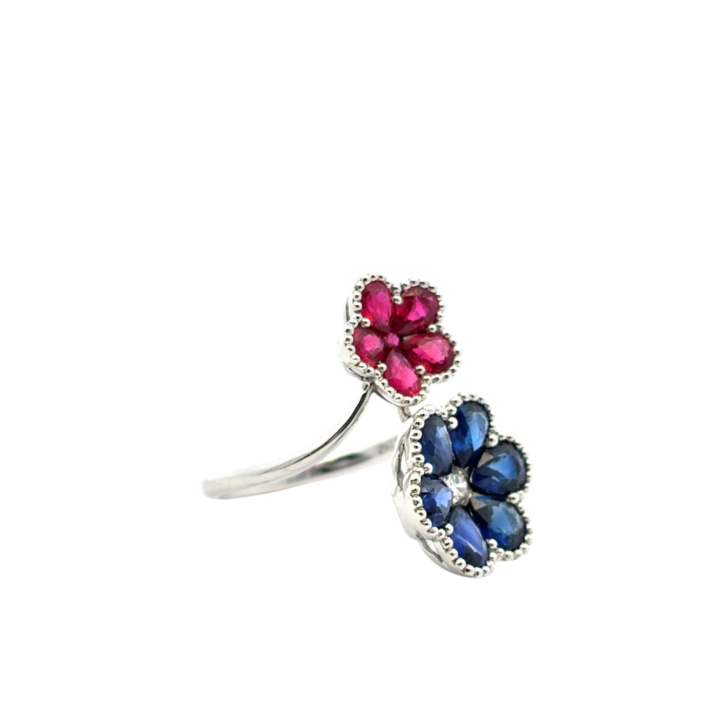 18k White Gold Multi-Stone Sapphire and Ruby Diamond Double Flower Ladies Ring