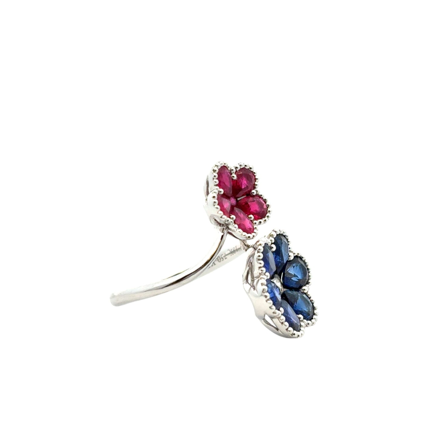 18k White Gold Multi-Stone Sapphire and Ruby Diamond Double Flower Ladies Ring