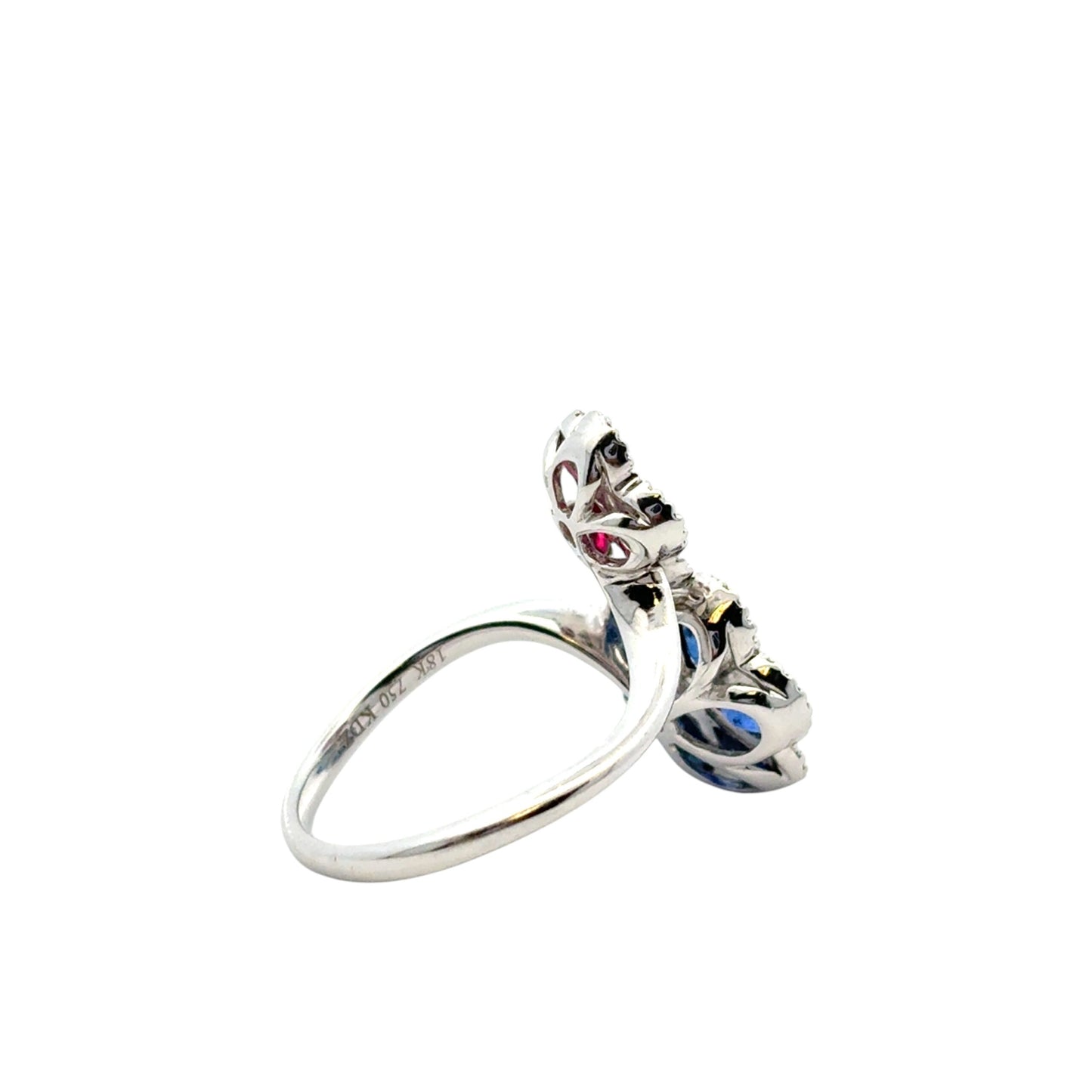 18k White Gold Multi-Stone Sapphire and Ruby Diamond Double Flower Ladies Ring