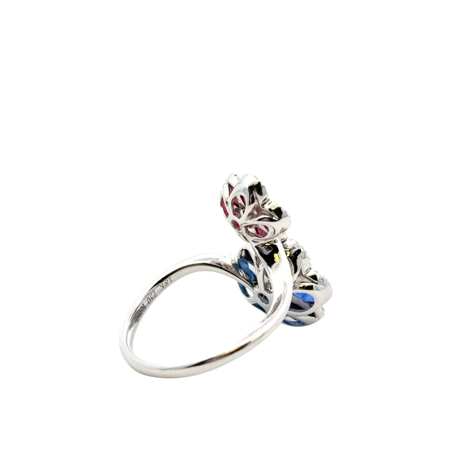 18k White Gold Multi-Stone Sapphire and Ruby Diamond Double Flower Ladies Ring