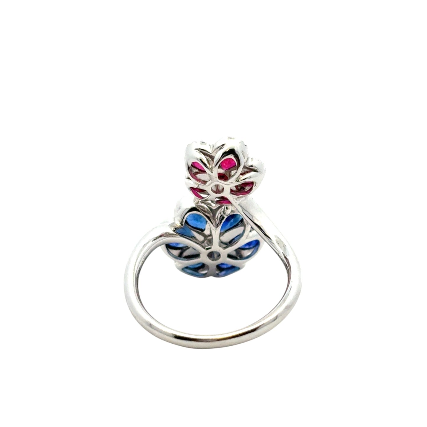 18k White Gold Multi-Stone Sapphire and Ruby Diamond Double Flower Ladies Ring