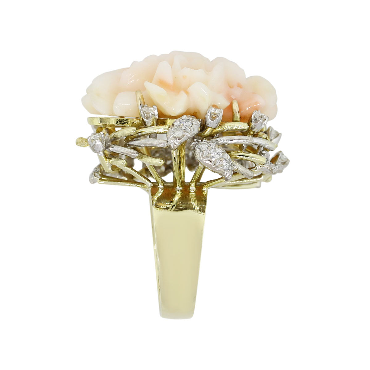 14k Yellow Gold 0.67ctw Diamond Pave Carved Coral Ring