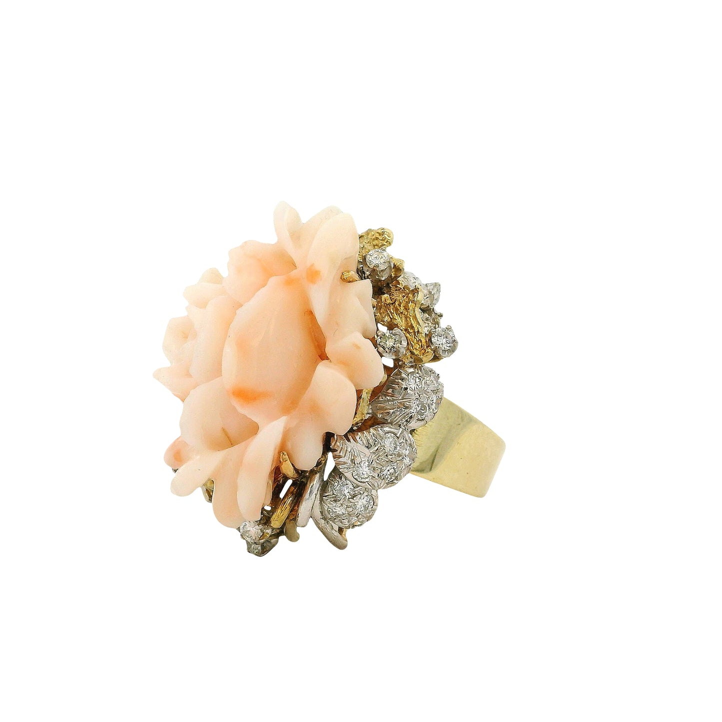 14k Yellow Gold 0.67ctw Diamond Pave Carved Coral Ring